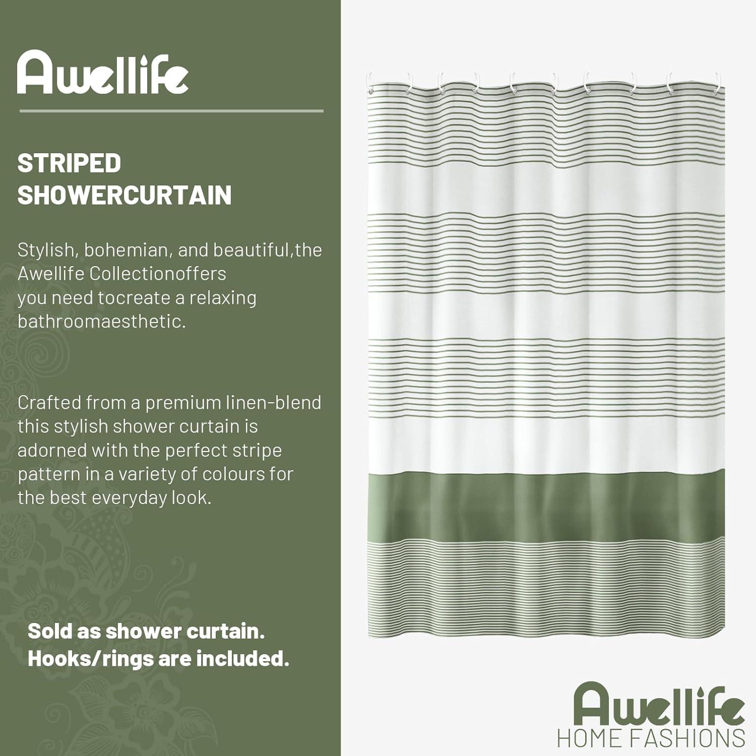 Sage Green and White Striped Boho Shower Curtain with Tassels