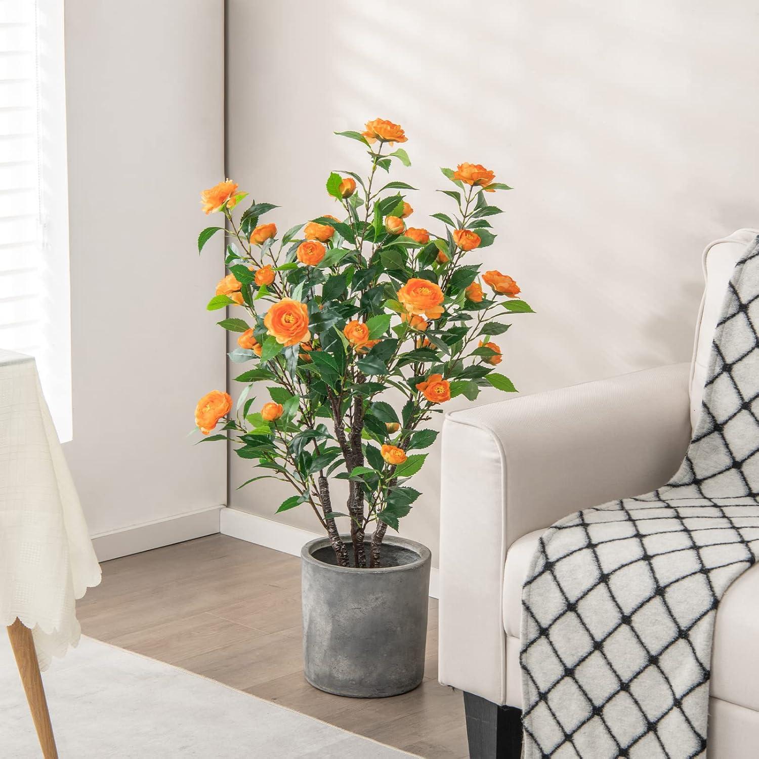 40" Orange Faux Camellia Tree in Black Pot