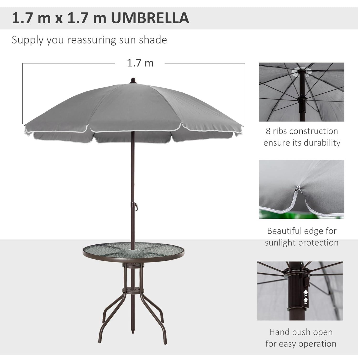 Outsunny 6 Piece Patio Dining Set for 4 with Umbrella, 4 Folding Dining Chairs & Round Glass Table for Garden, Backyard, and Poolside, Gray