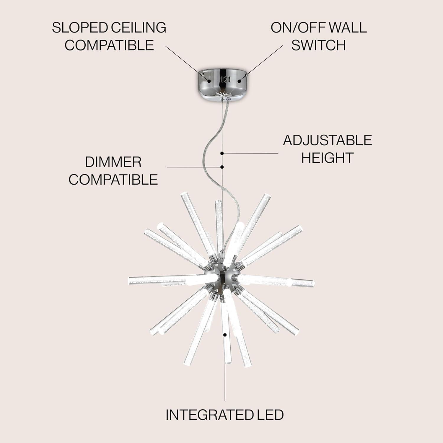 Soyuz 19.5" Adjustable Integrated LED Starburst Metal/Acrylic Pendant, Chrome/Clear