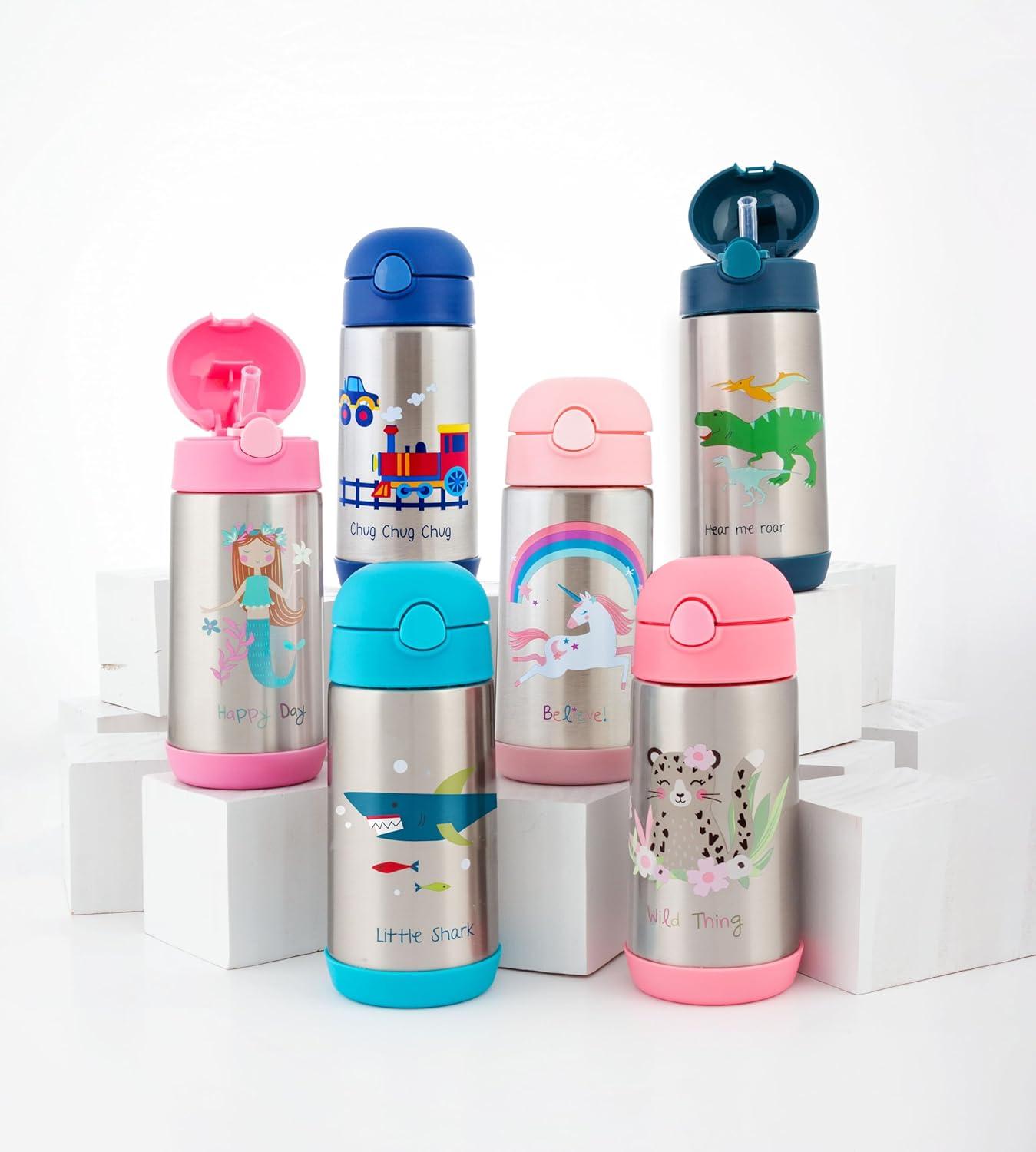 Stephen Joseph Double Wall Stainless Steel Bottles, Insulated Water Bottle for Kids Toddlers, Vacuum Insulated Bottle with Straw, BPA-Free Water Bottle – 11.8 Ounces, SHARK