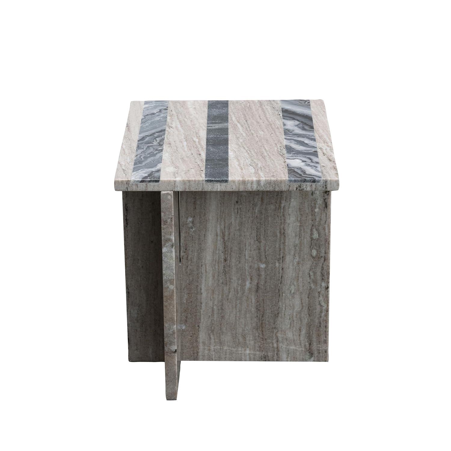 Bloomingville Marble Side Table with Stripes and Interlocking Base, Buff and Black Mélange
