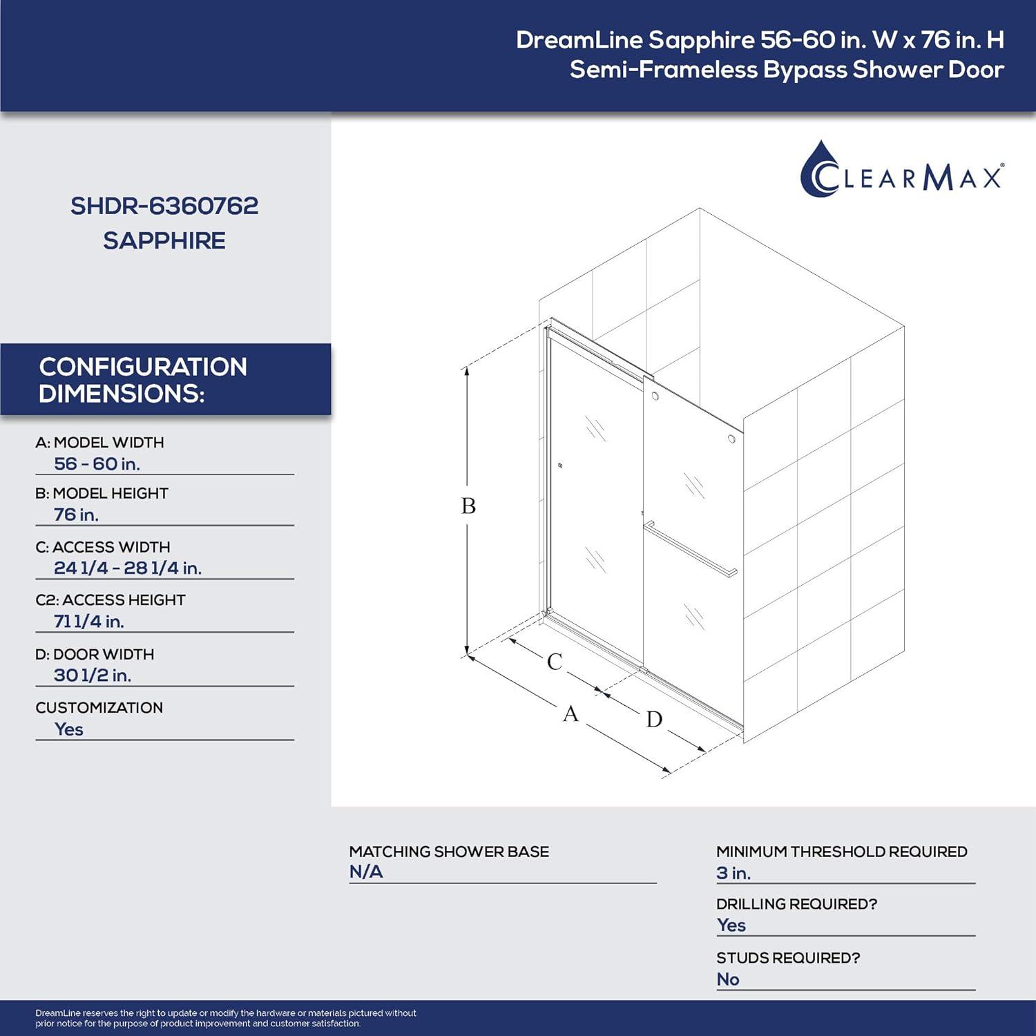 56" - 60" W 60" H Reversible Semi-Frameless Tub Door with ClearMax Technology