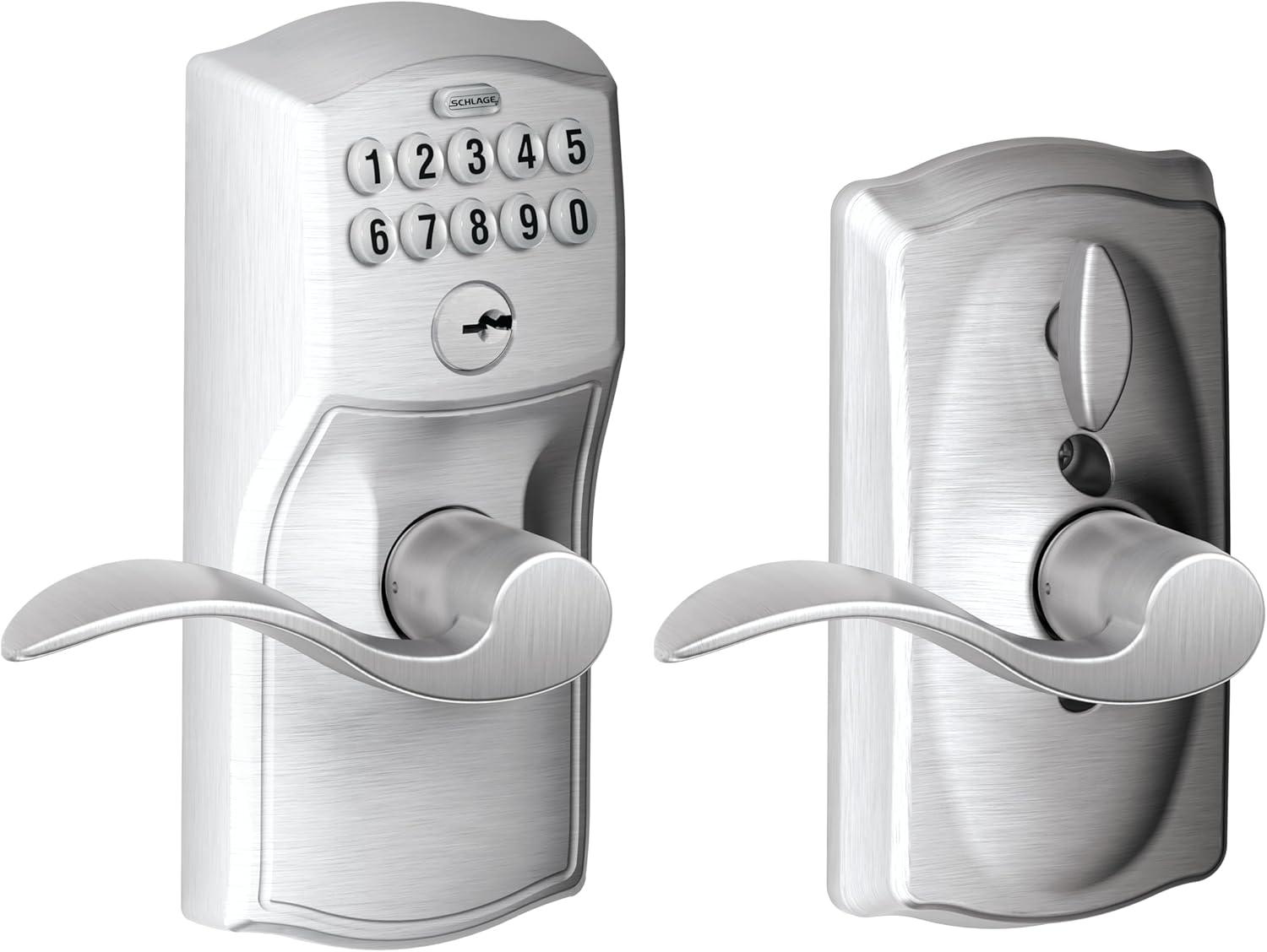 Schlage FE595 Camelot By Accent Keypad with 16211 Latch 10063 Strike Entry Flex-Lock Electronic Keypad with 16211 Latch 10063 Strike Satin Chrome Finish