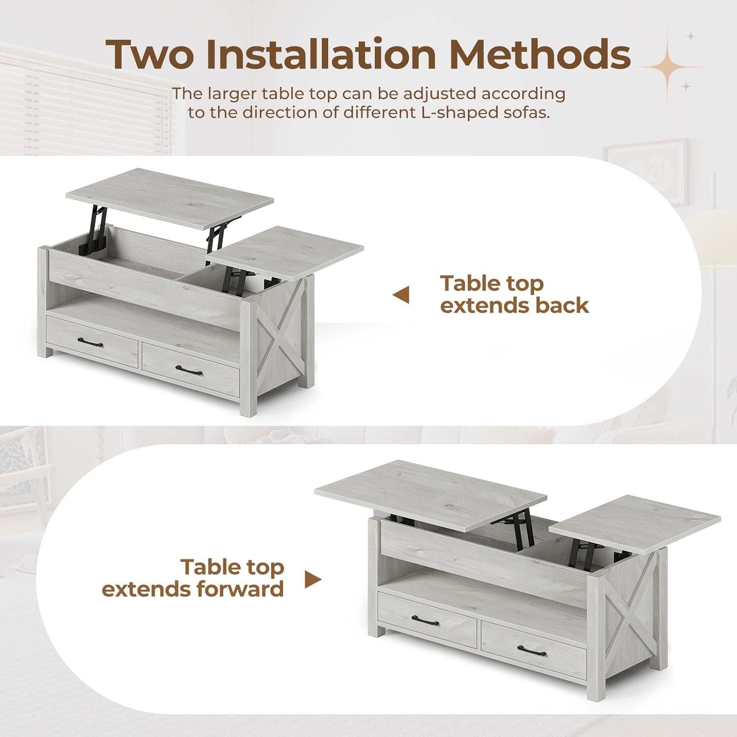 Gray Rectangular Lift-Top Coffee Table with Storage Drawers