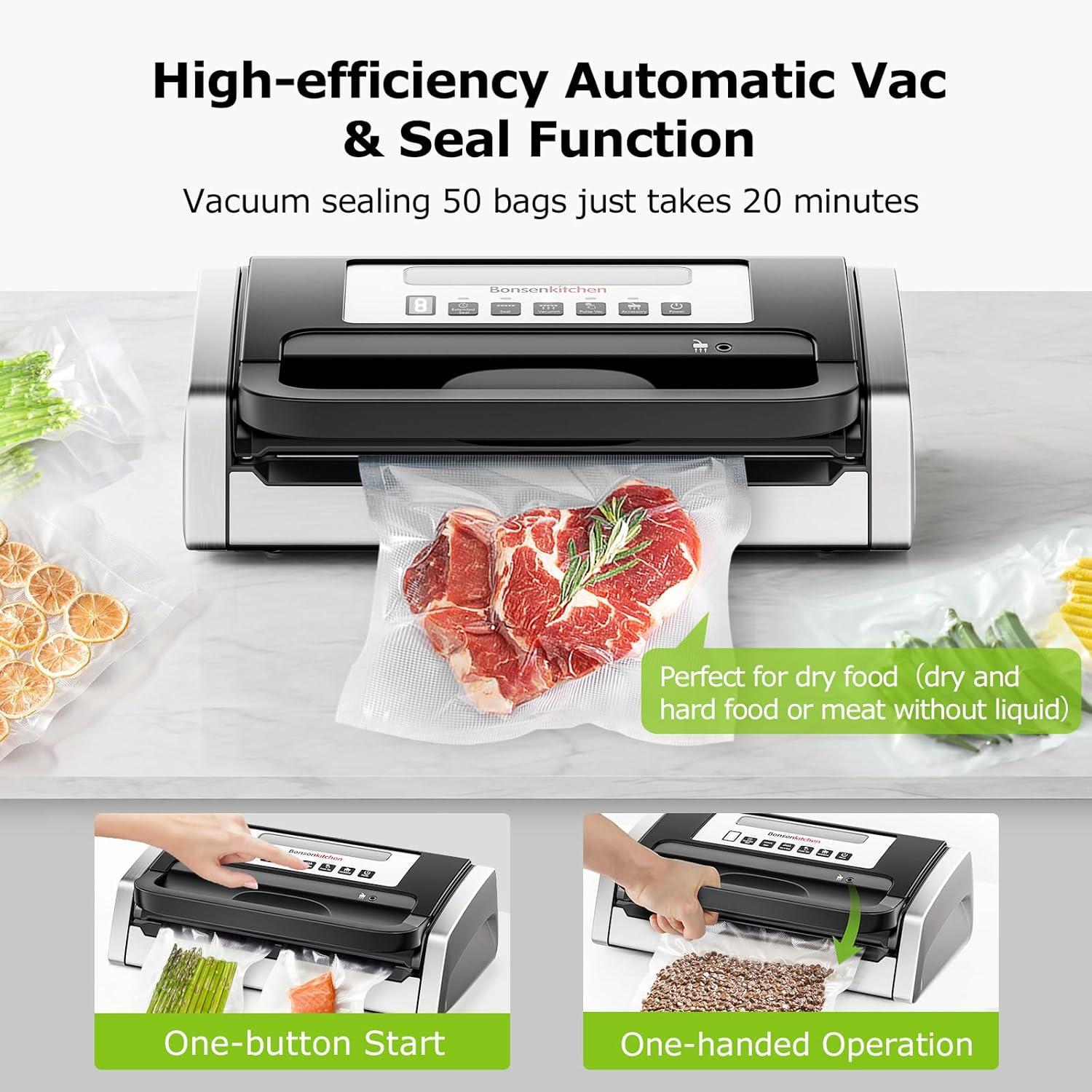 BEACHWATER POOL & SPA, LLC Vacuum Sealer Machine, Powerful Low-Noise Food Vacuum Sealer For High-Speed Continuous Working, Handle Locked Design, Built-In Cutter, 2 Bag Rolls + 100 PCS Vacuum Bags