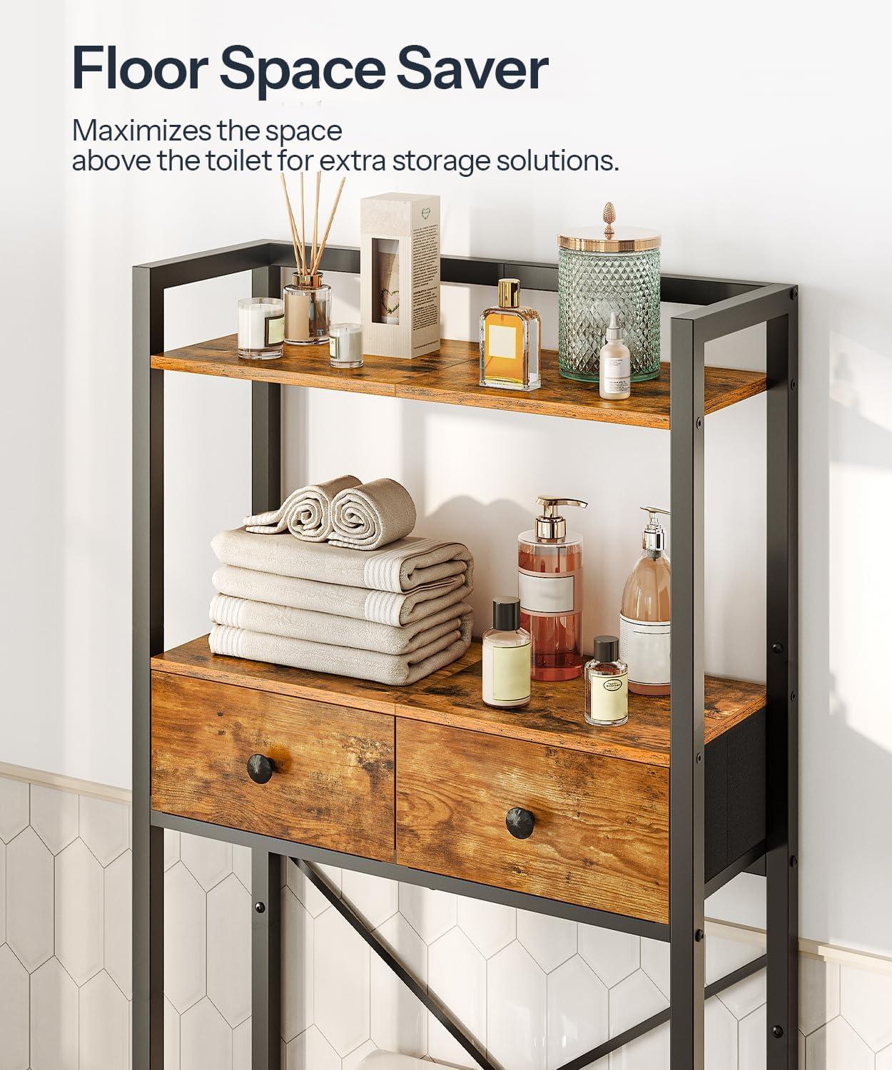 HOOBRO Over-The-Toilet Storage Rack with 2 Drawers, 3-Tier Bathroom Organizer Shelf Over Toilet, Freestanding Toilet Shelf, Storage Cabinet, Rustic Brown and Black BF47TS01