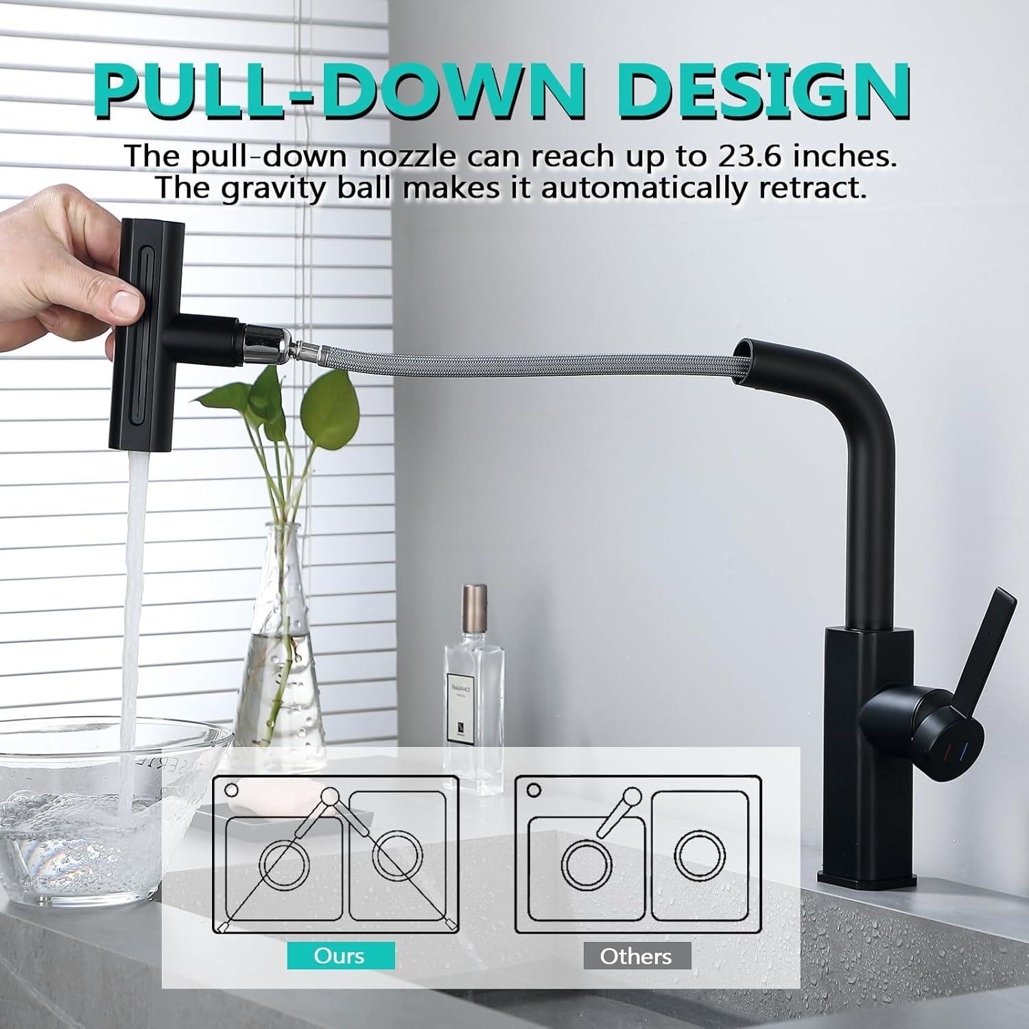 Waterfall Kitchen Faucet,Matte Black Kitchen Faucet with Pull Down Sprayer,Faucets for Kitchen Sink,Single Handle Kitchen Faucet Stainless Steel,Pull Out Sprayer Kitchen Faucets