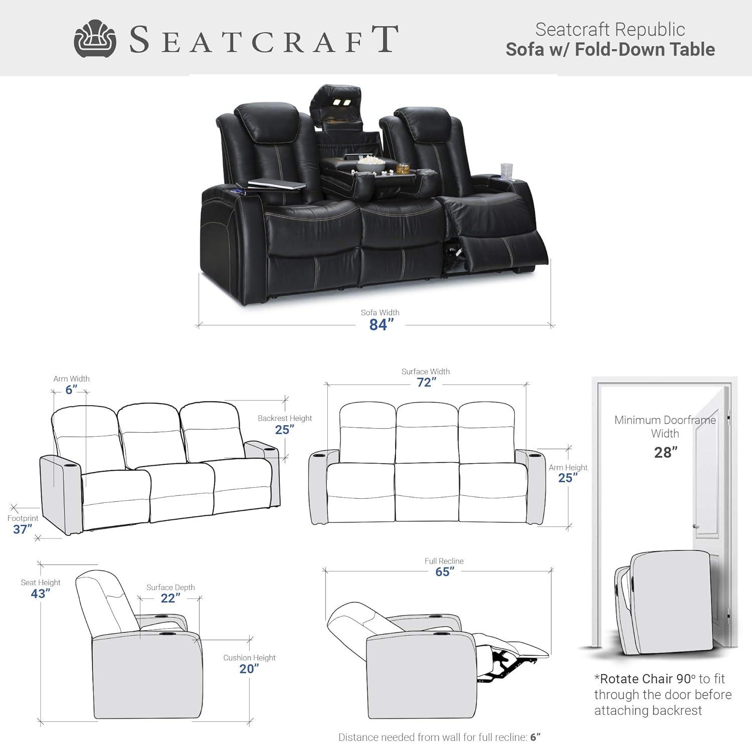 Seatcraft Republic Italian Leather Home Theater Furniture, Living Room, Power Headrest, Power Recline (Sofa with Fold-Down Table, Black)