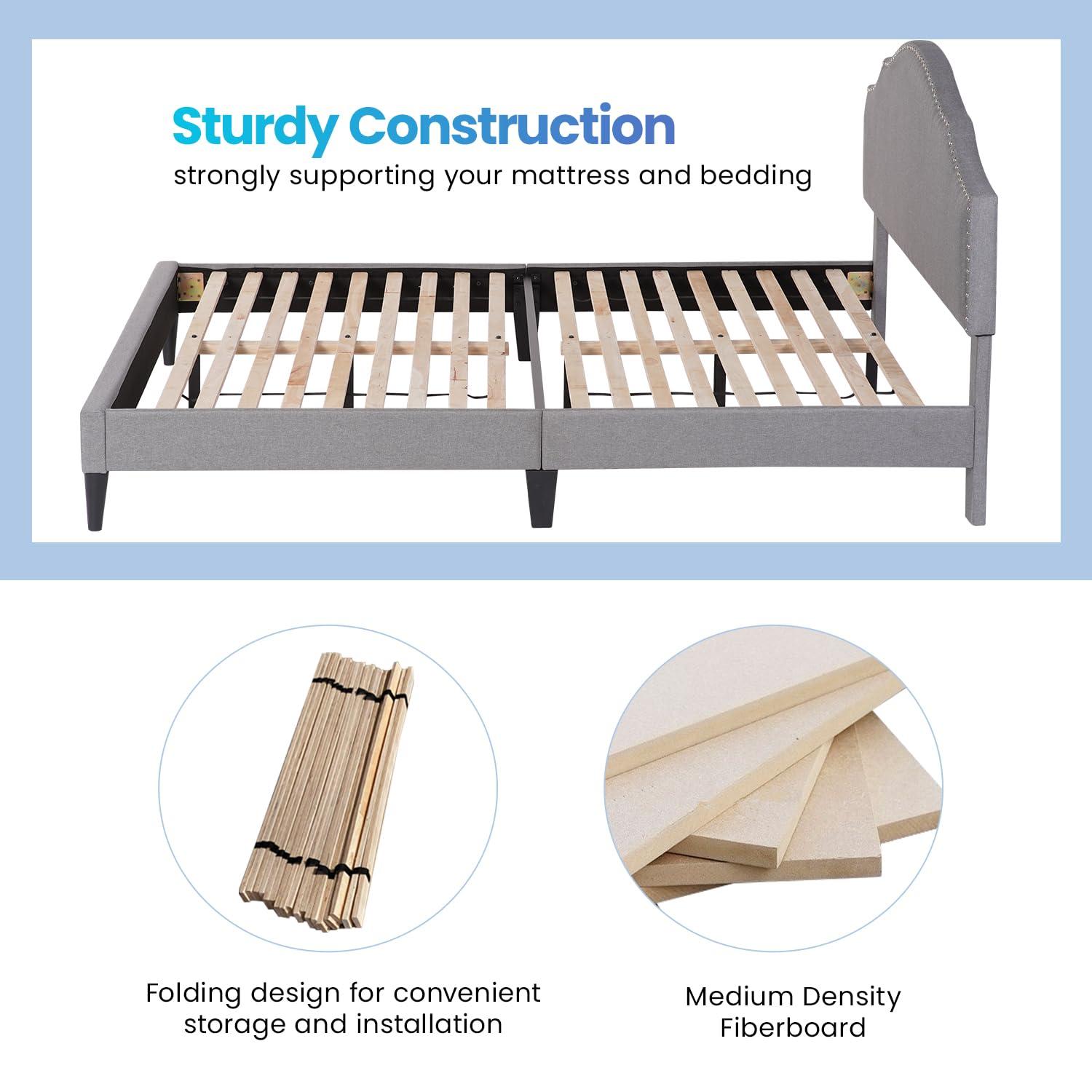 PayLessHere Upholstered Full Platform Bed Frame with Fabric Headboard and Wooden Slats Support, Fully Upholstered No Box Spring Needed Non-Slip and Noise-Free, Full