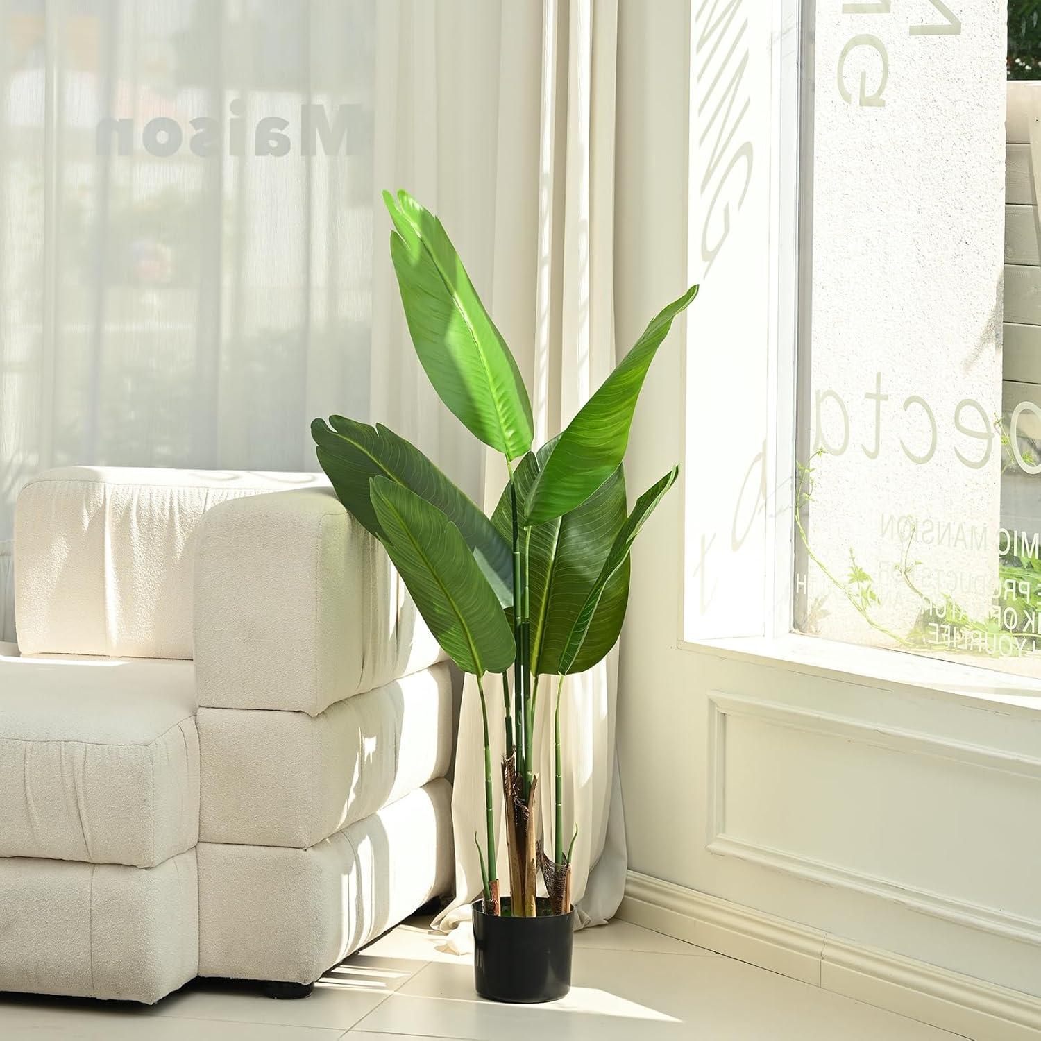 Artificial Bird of Paradise Plant,4 FT Fake Banana Leaves Plants Faux Tropical Palm Tree Floor Plant Potted, Artificial Tree for Home Office Living Room Decor Indoor Perfect Housewarming Gift.