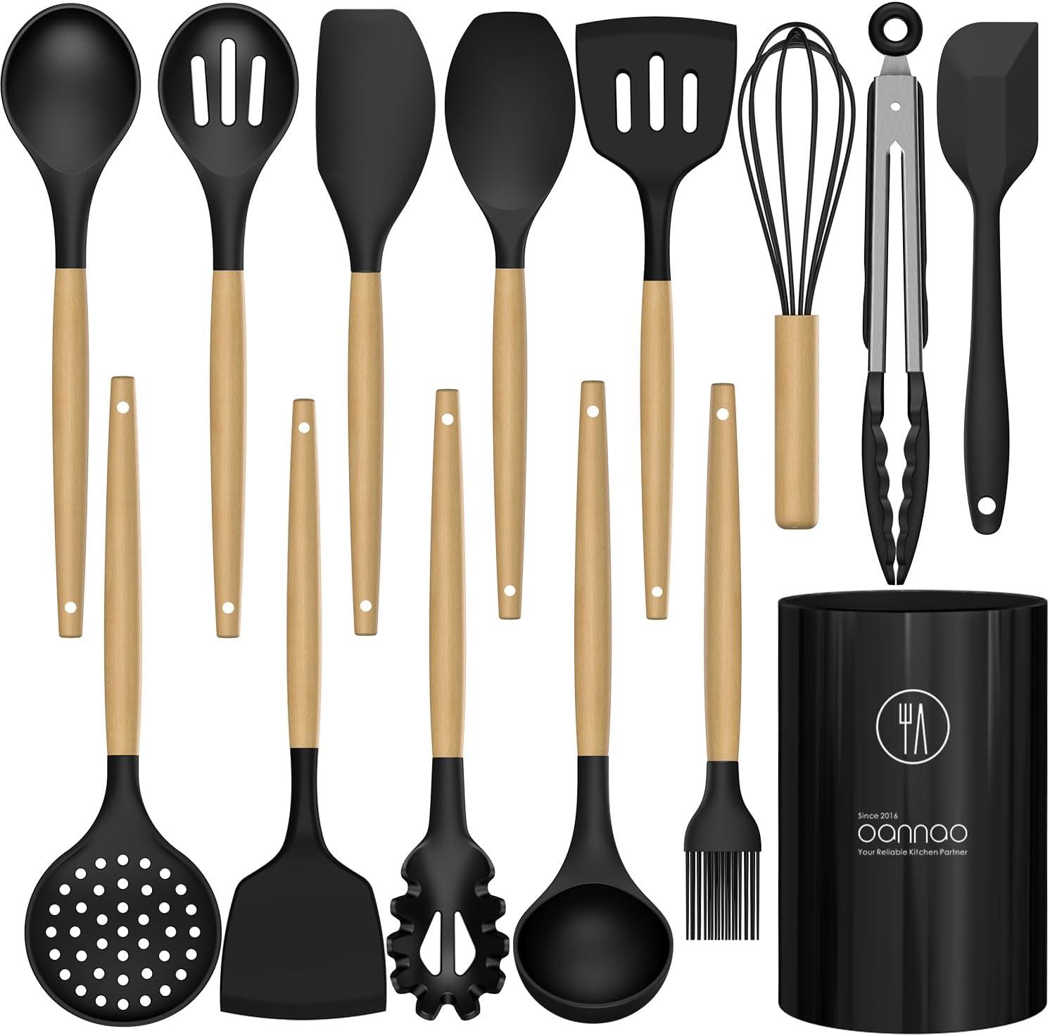 oannao Silicone Cooking Utensils Set - 446°F Heat Resistant Silicone Kitchen Utensils for Cooking,Kitchen Utensil Spatula Set w Wooden Handles,Holder, BPA FREE Gadgets for Non-Stick Cookware (Black)