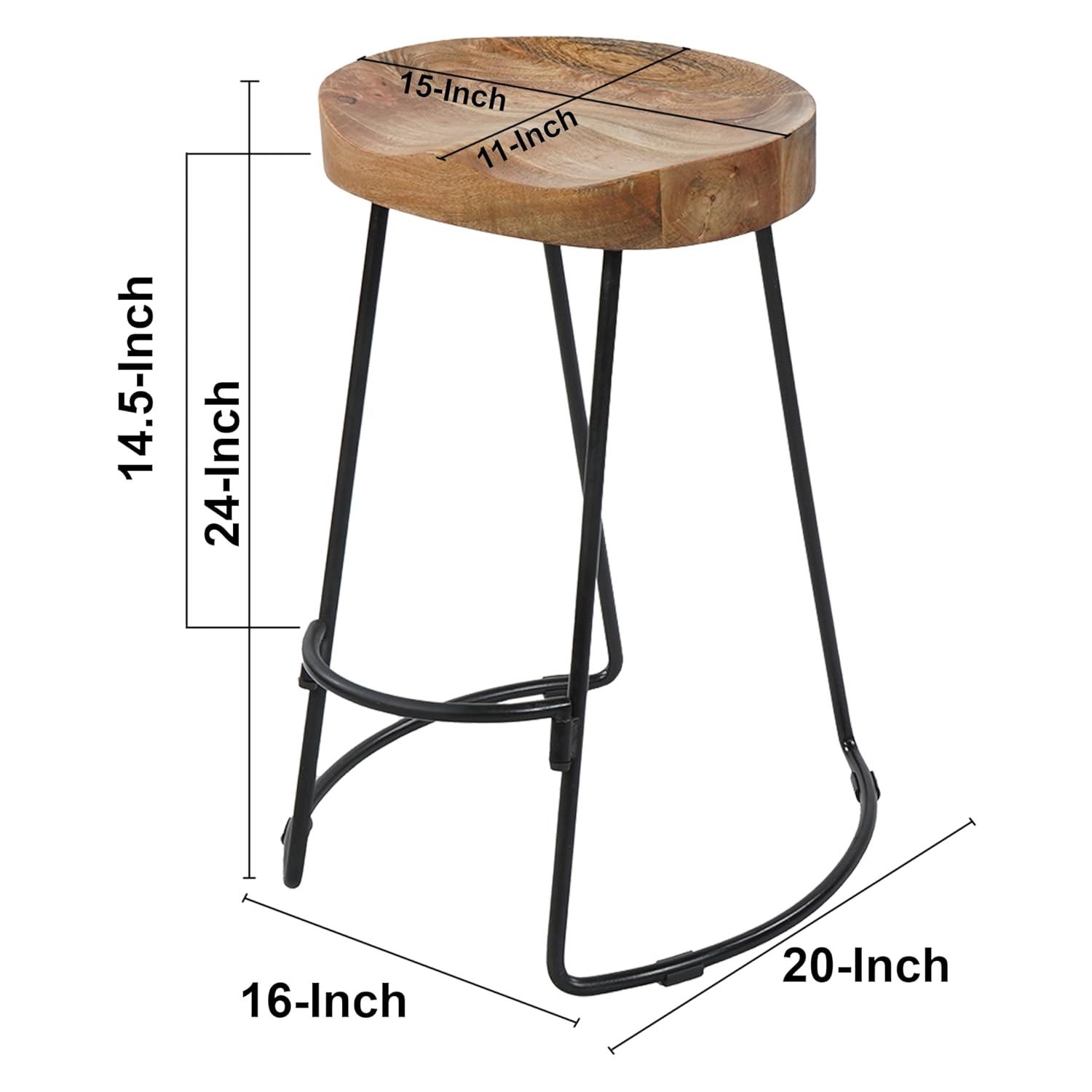 The Urban Port 24 Inch Mango Wood Industrial Counter Height Stool, Saddle Seat, Iron, Set of 2, Brown, Black