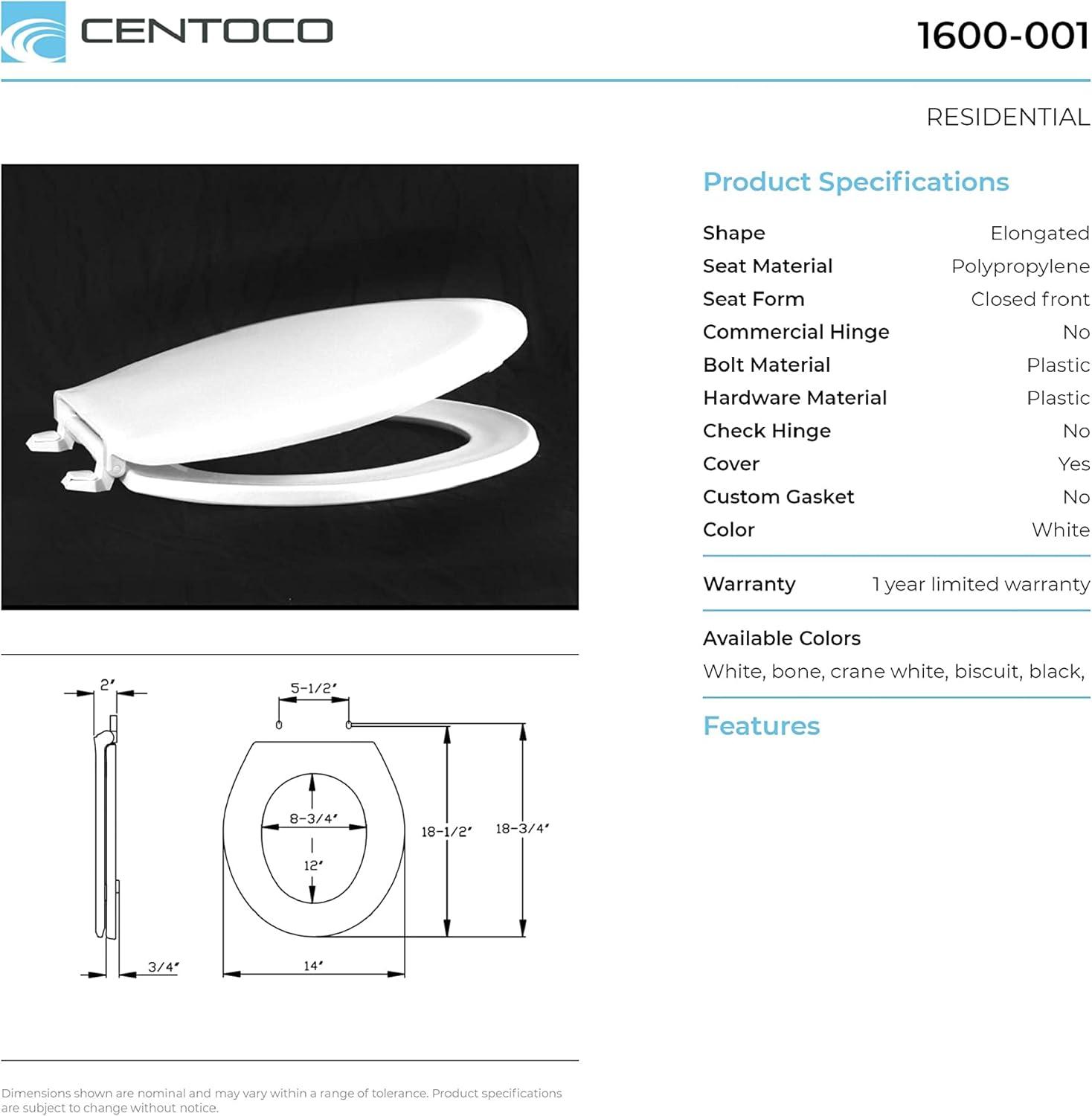 Centoco 1600-416 Elongated Plastic Toilet Seat, Standard Model, Light Weight Residential, Biscuit