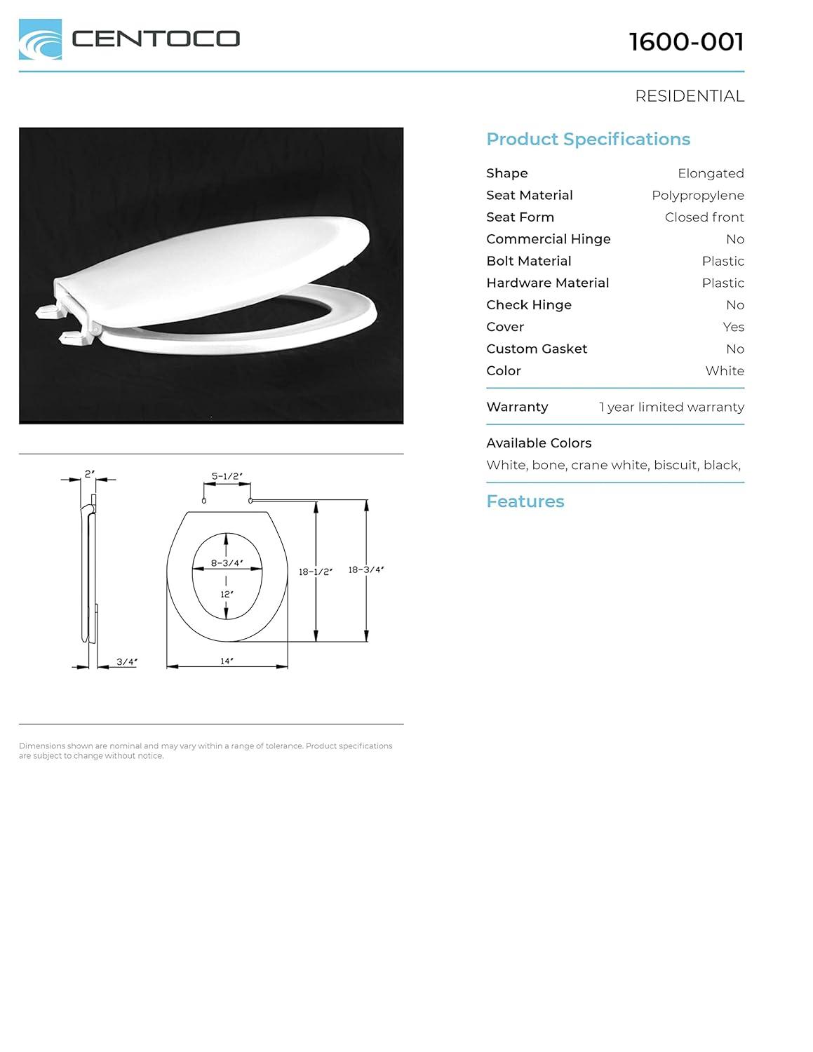 Centoco 1600-416 Elongated Plastic Toilet Seat, Standard Model, Light Weight Residential, Biscuit