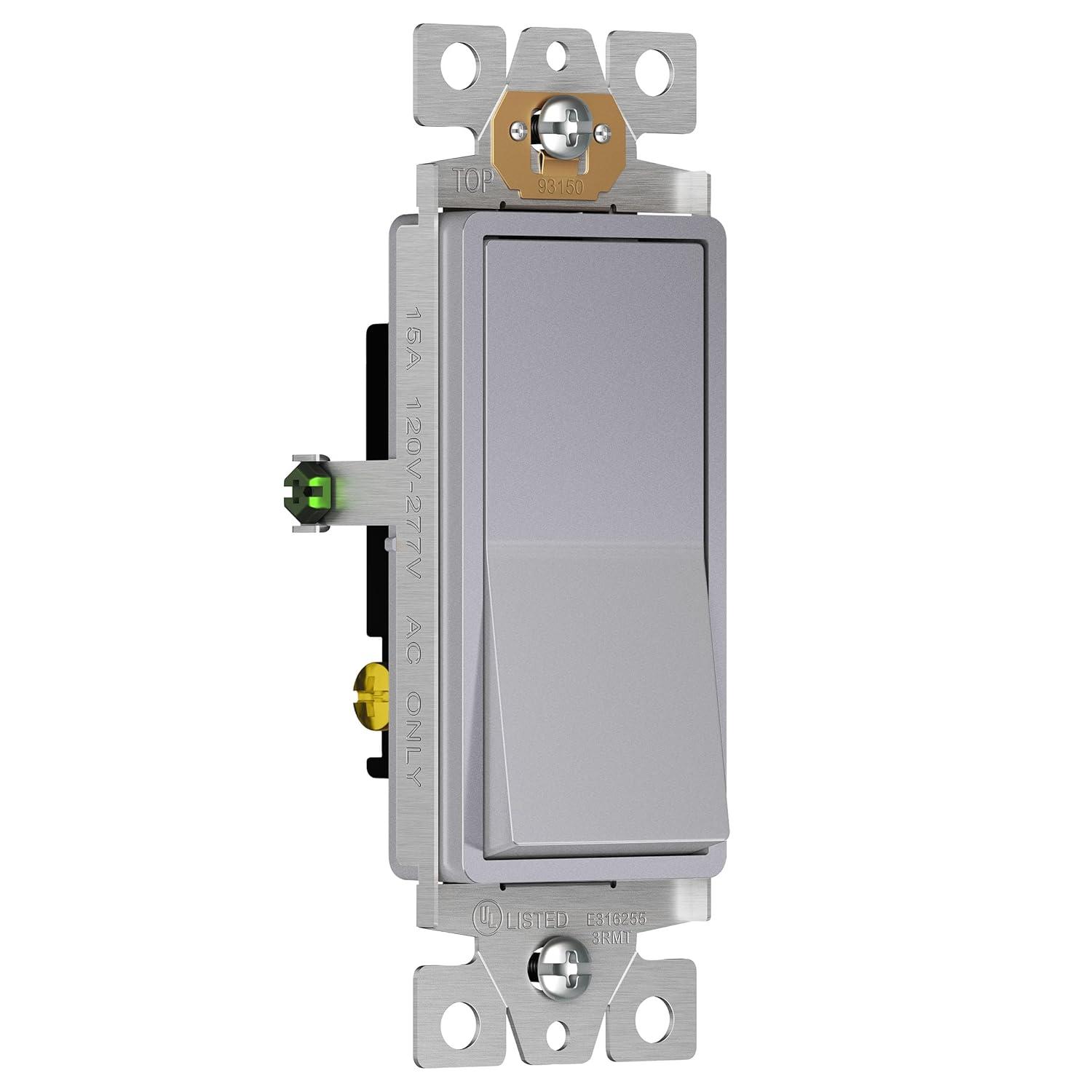 ENERLITES 3-Way Decorator Paddle Light Switch, Gloss Finish, Single Pole or Three Way, 3 Wire, Grounding Screw, Residential Grade, 15A 120V/277V, UL Listed, 93150-SV, Silver