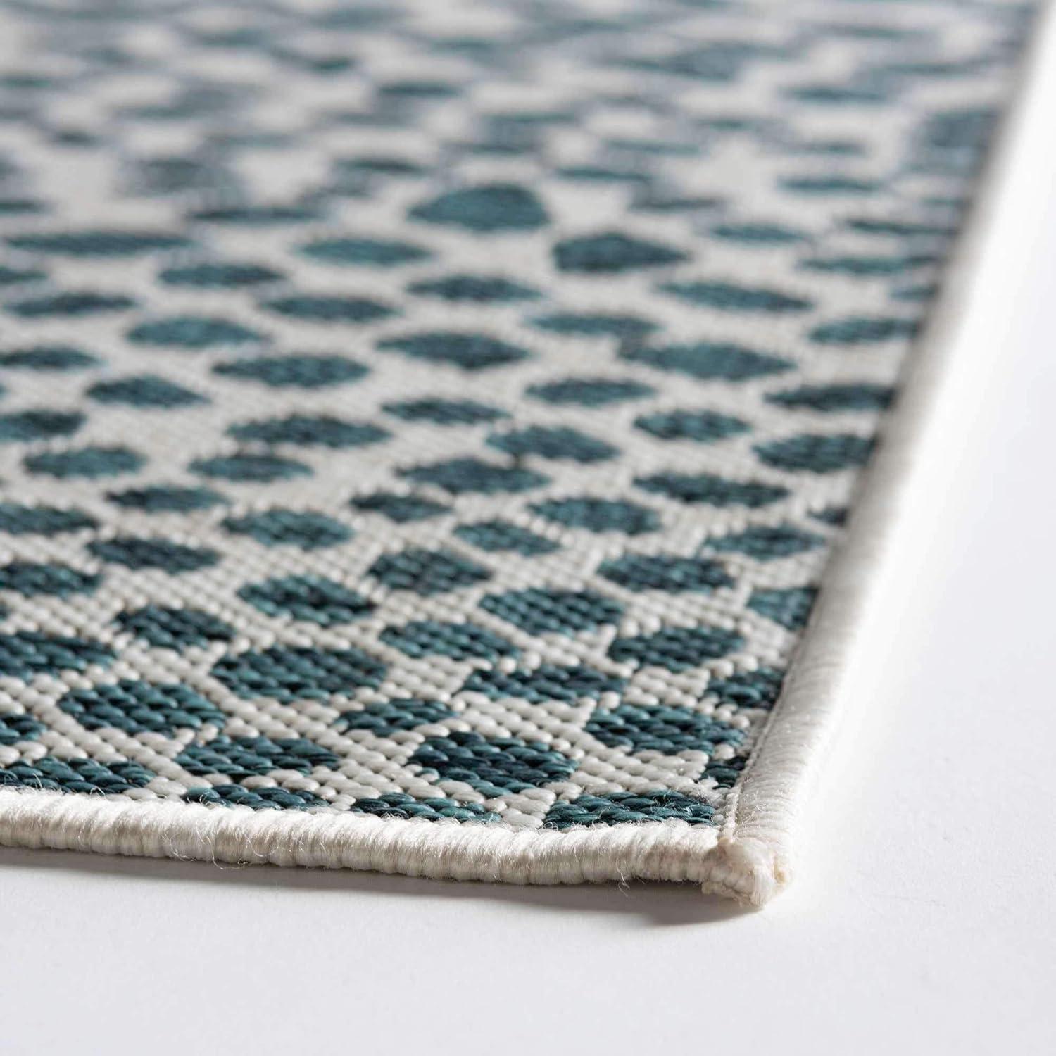 Teal and Ivory Rectangular Outdoor Area Rug, 6' x 9'