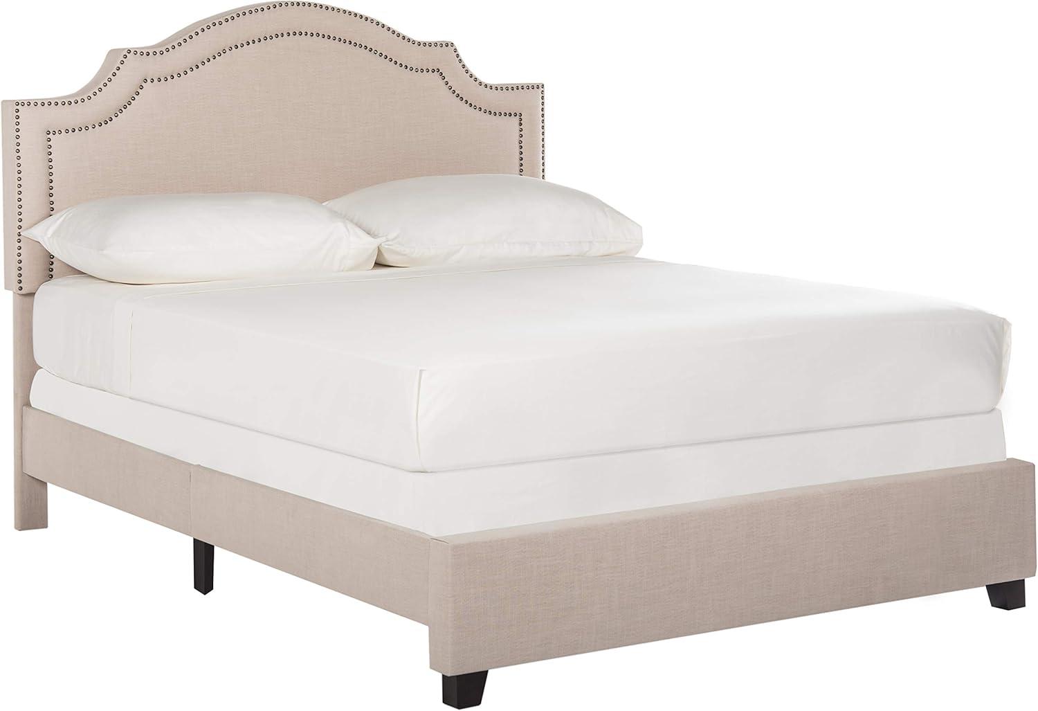 SAFAVIEH Theron Modern Elegant Upholstered Bed Frame with Nail Heads, Full, Light Beige/Brass Nails