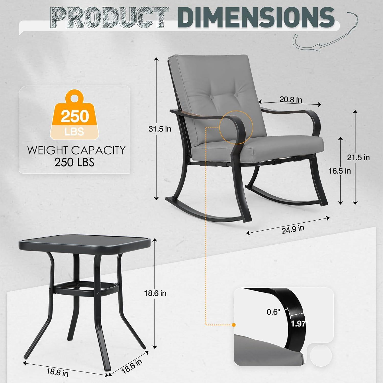Crownland Outdoor Rocking Chairs Patio Furniture 3 Piece Patio Set Bistro Table Set Black Iron with Thickened Cushions and Glass Coffee Table, Grey