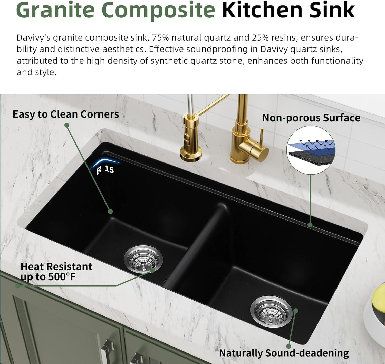 Davivy 33 Inch Black Granite Composite Kitchen Sink Workstation, 33 X 22 Quartz Composite Dual Mount Sink, Matte Black Composite Single Bowl Sink
