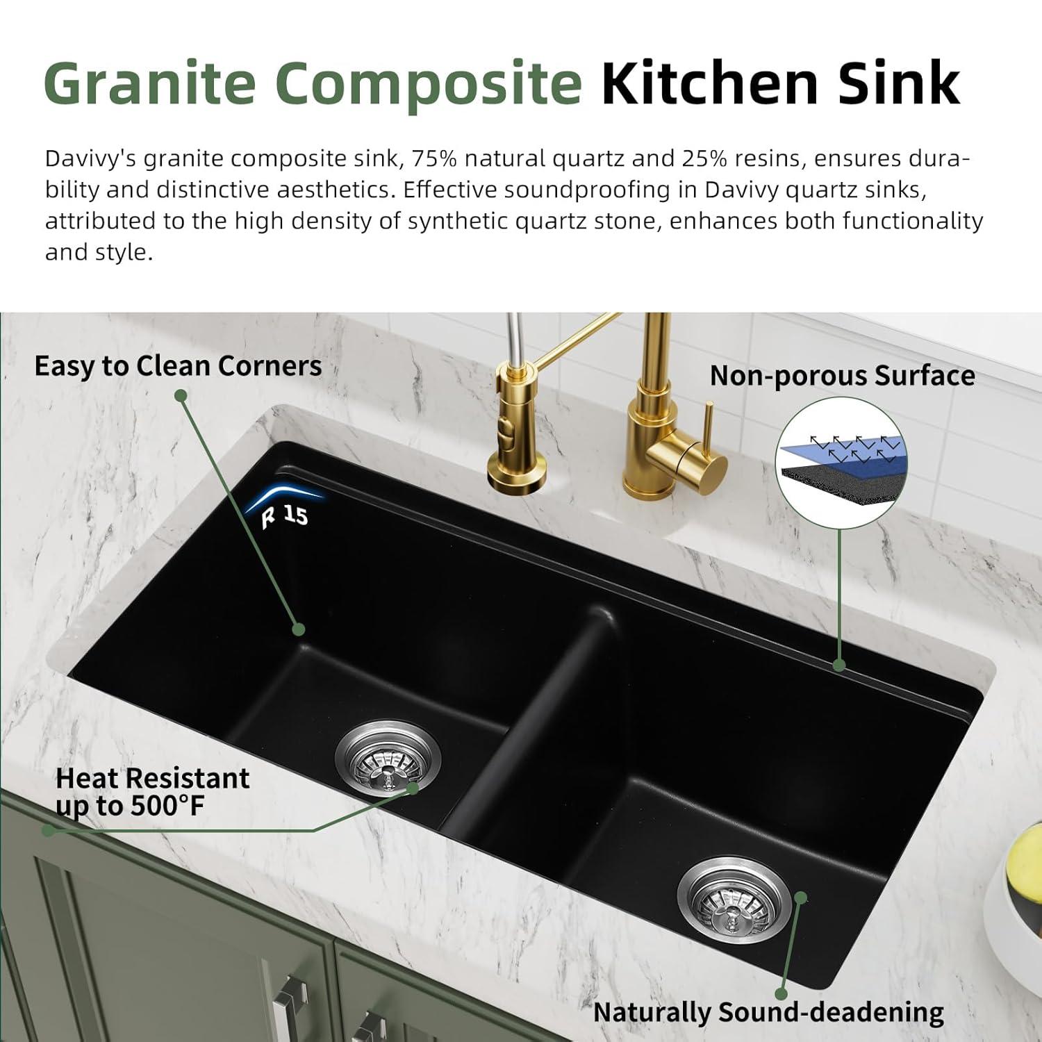 Davivy 33 Inch Black Granite Composite Kitchen Sink Workstation, 33 X 22 Quartz Composite Dual Mount Sink, Matte Black Composite Single Bowl Sink