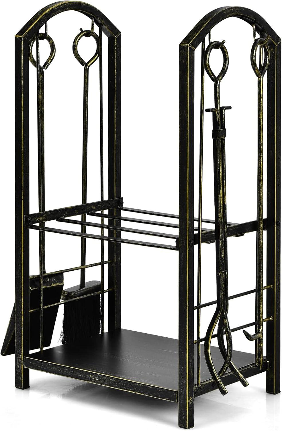 Kadyn Fire Wood Storage Racks, Firewood Holder,Firewood Frame,Firewood Shelf,Fireplace Log Rack with 4 Pieces Fireplace Tools-Bronze