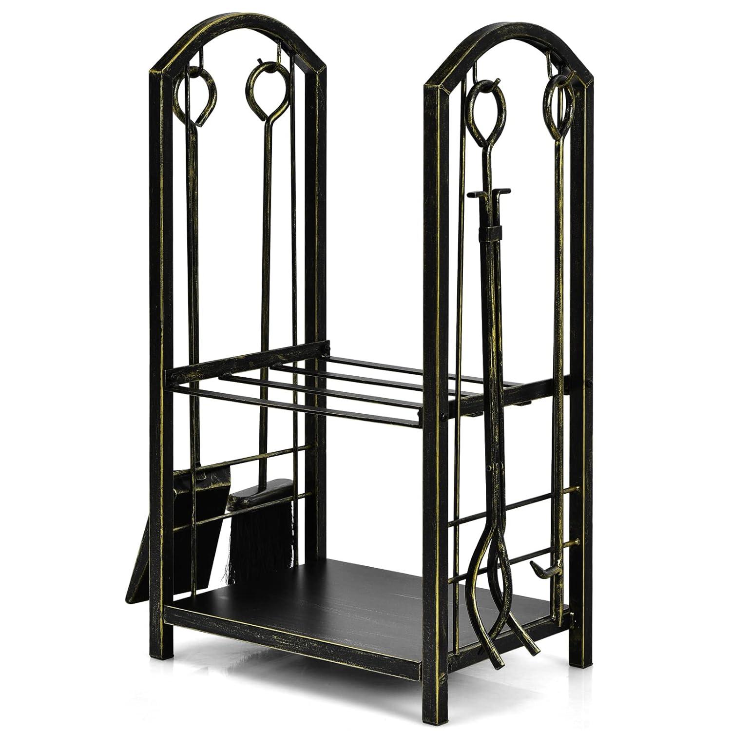 Kadyn Fire Wood Storage Racks, Firewood Holder,Firewood Frame,Firewood Shelf,Fireplace Log Rack with 4 Pieces Fireplace Tools-Bronze