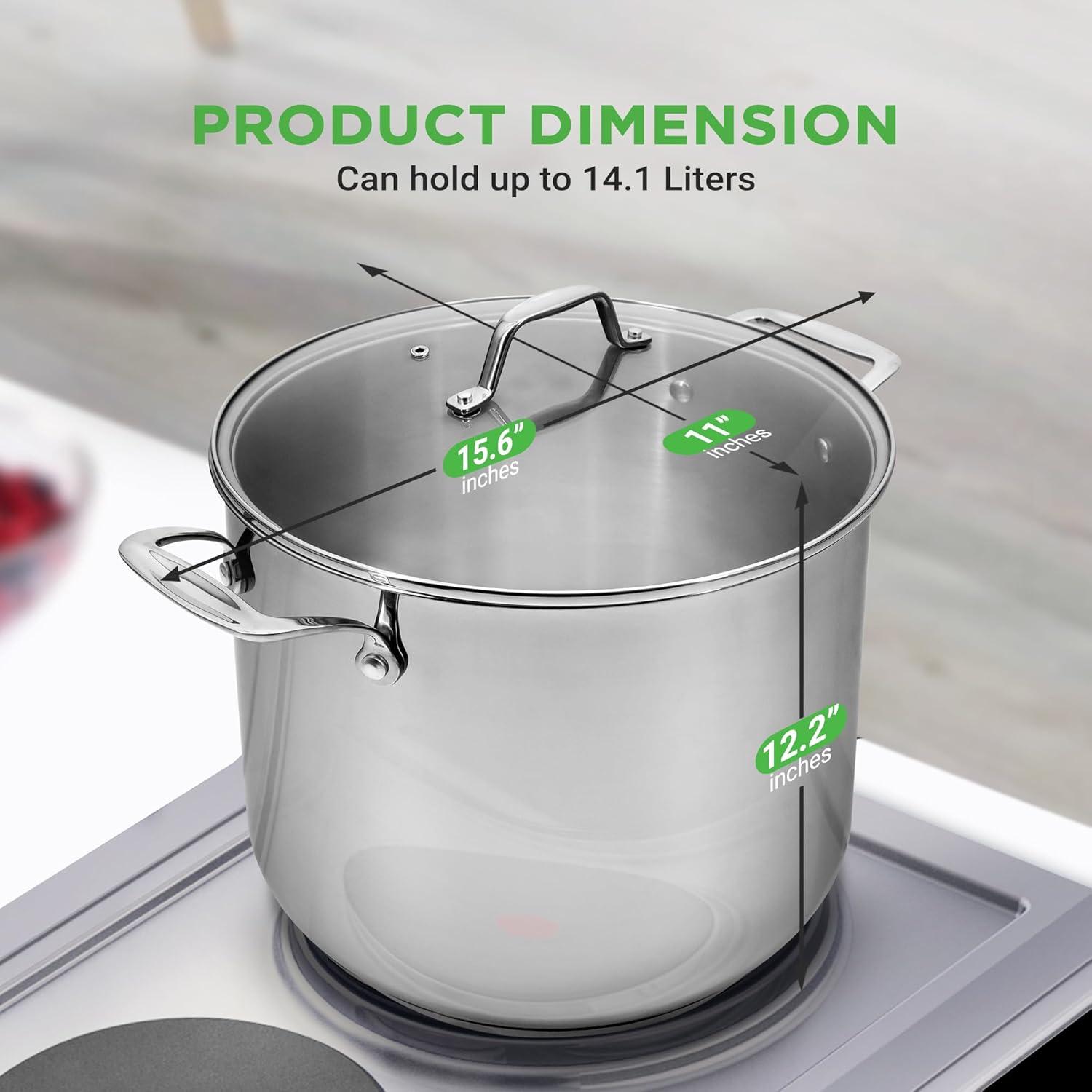 NutriChef 15-Quart Stainless Steel Stock Pot with Glass Lid