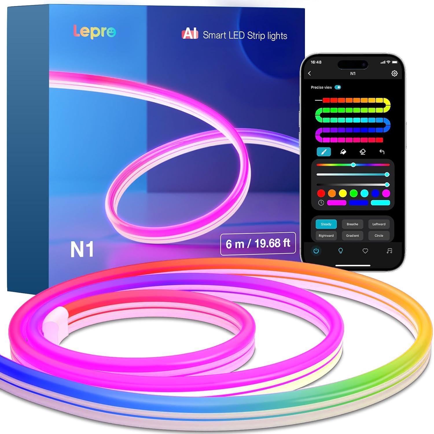 Lepro Lepro N1 AI Smart RGB Rope Lights, LLM AI Generated Lighting, LightBeats Music Sync, Color Segment DIY, Voice Control Via App, Wi-Fi & Bluetooth LED Strip Lights (Set of 6)