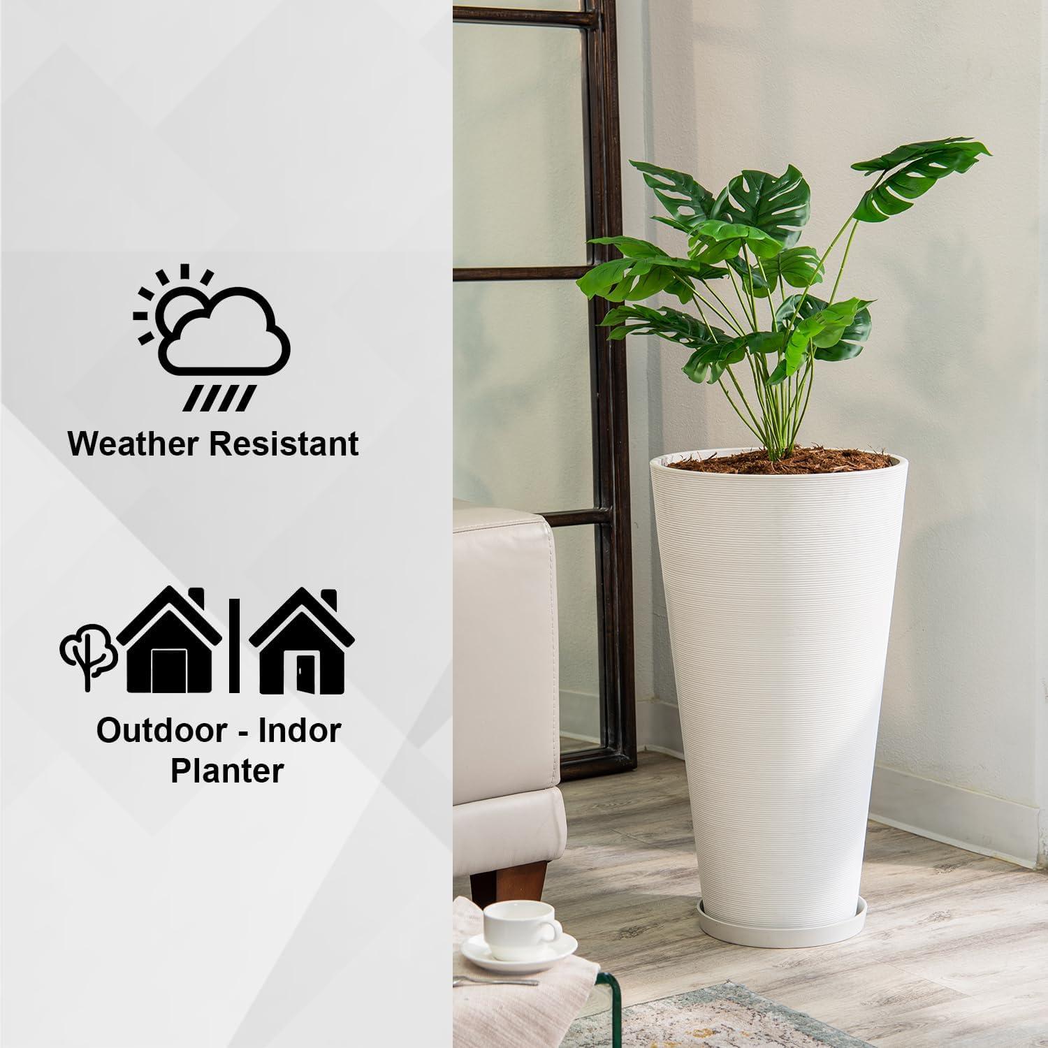 White Tall Round Self-Watering Indoor/Outdoor Planters Set