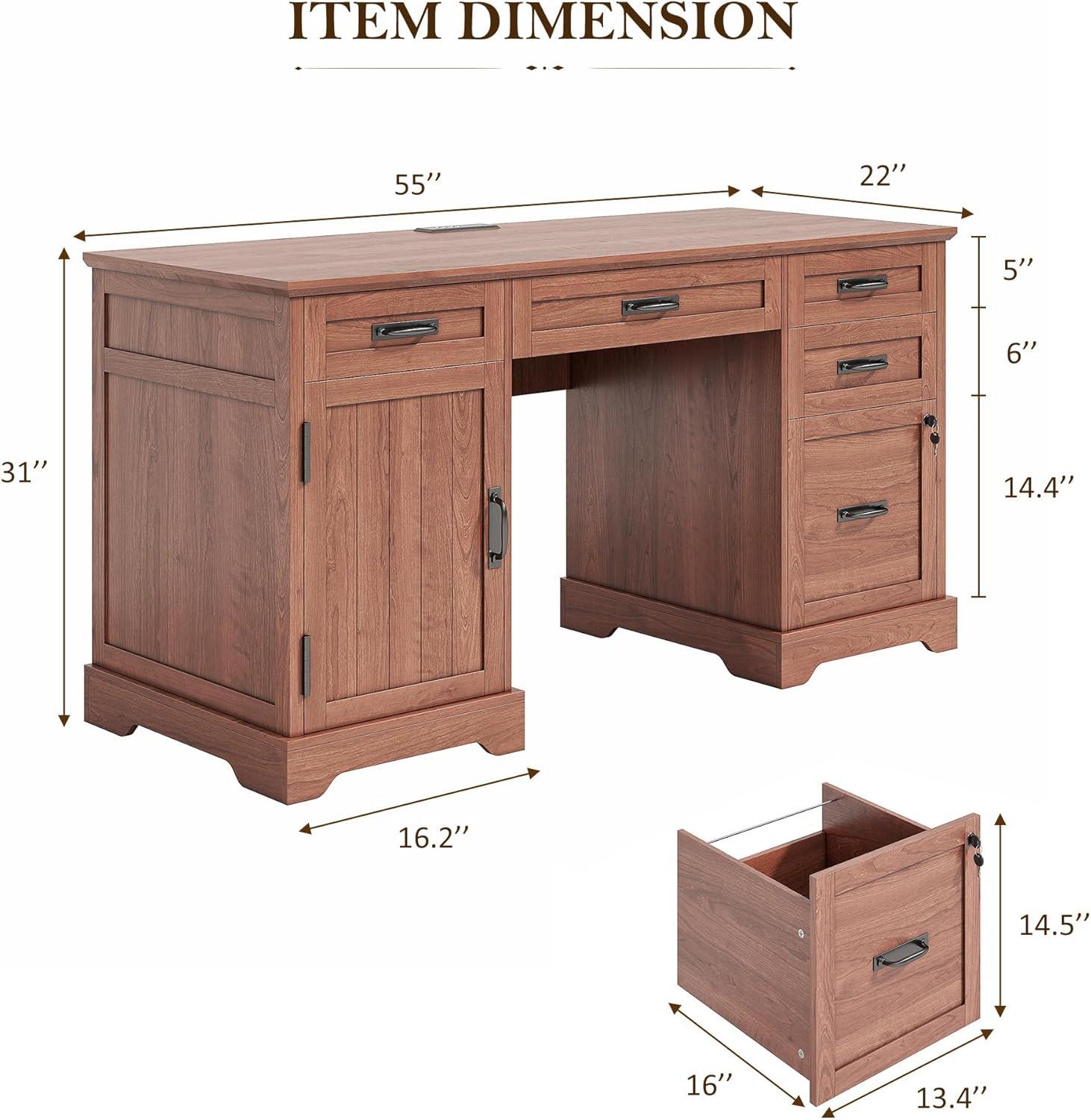 August Grove® Clabe 55'' Farmhouse Executive Desk with Drawers, File Cabinet and Power Outlets
