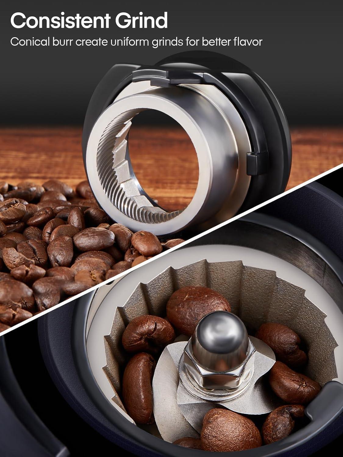 Anti-Static ABS Plastic Electric Coffee Grinder,  200W (AC 120V/60Hz) Motor, SUS420 Steel Conical Burr, 42dB Quiet Operation