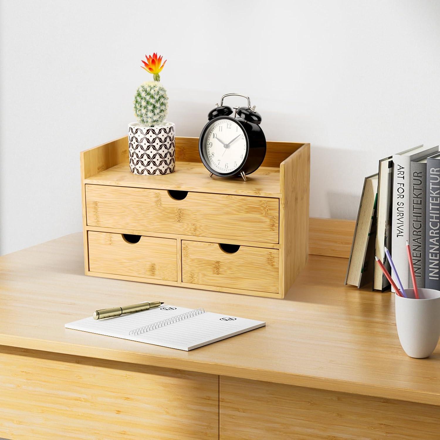 Bamboo Desk Organizer with 3 Drawers, Countertop Organizer with Drawers Makeup Storage Drawer 3 Drawers Tabletop Storage Organization Box Home Office Workspace