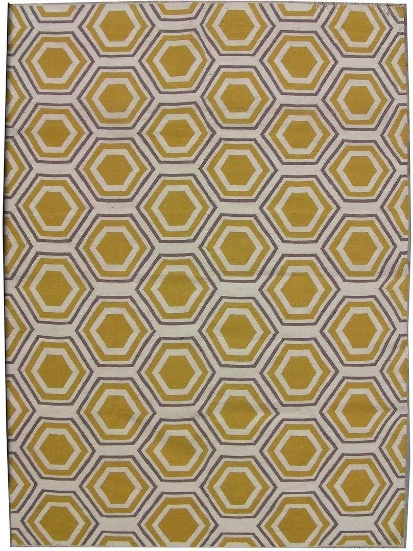 SAFAVIEH Dhurrie Weldon Geometric Hexagons Wool Area Rug, Ivory/Yellow, 6' x 9'