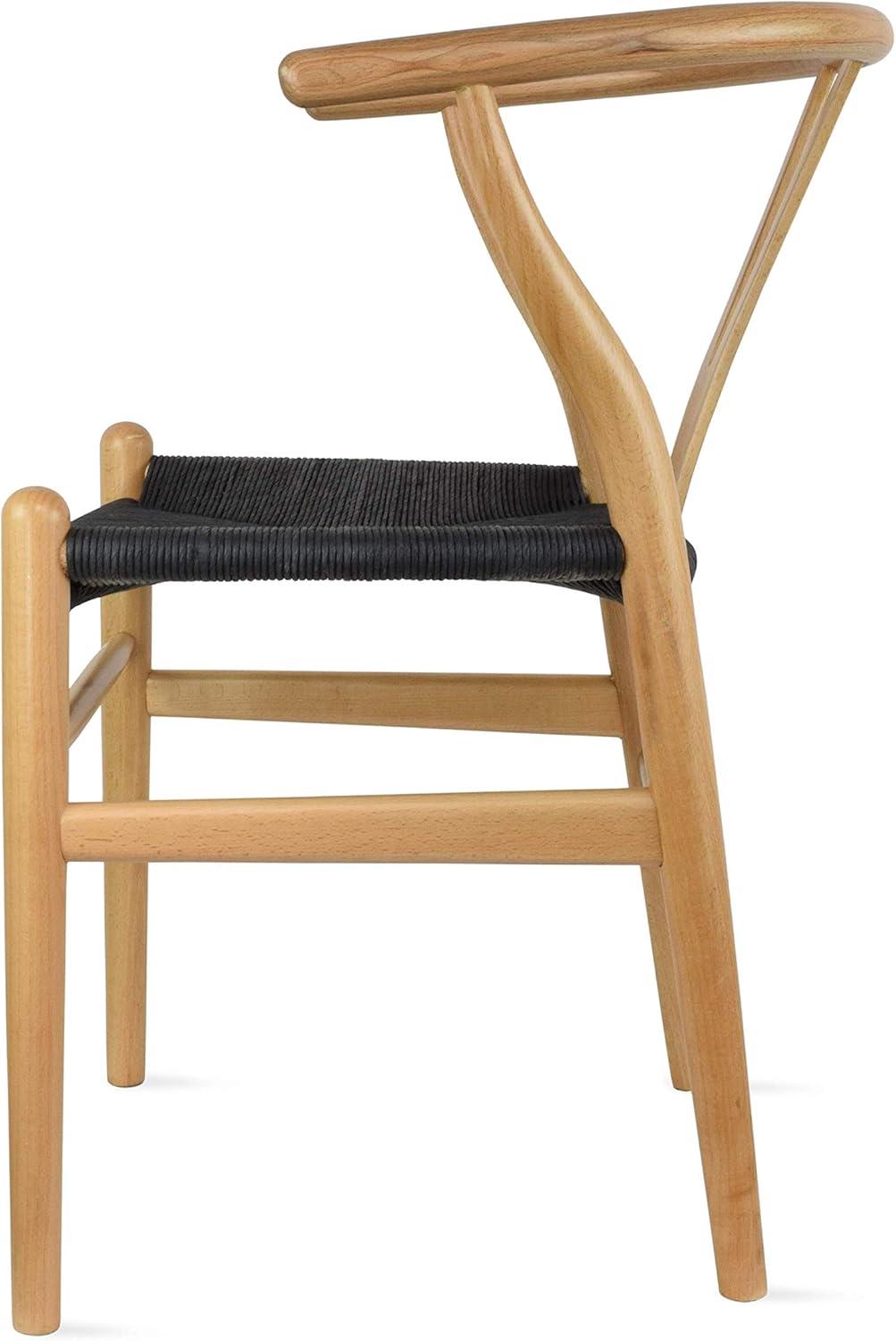 2xhome Set of 2 Wishbone Solid Wood Armchairs with Arms Open Y Back Farmhouse Dining Office Chairs with Woven Black Seat, Natural