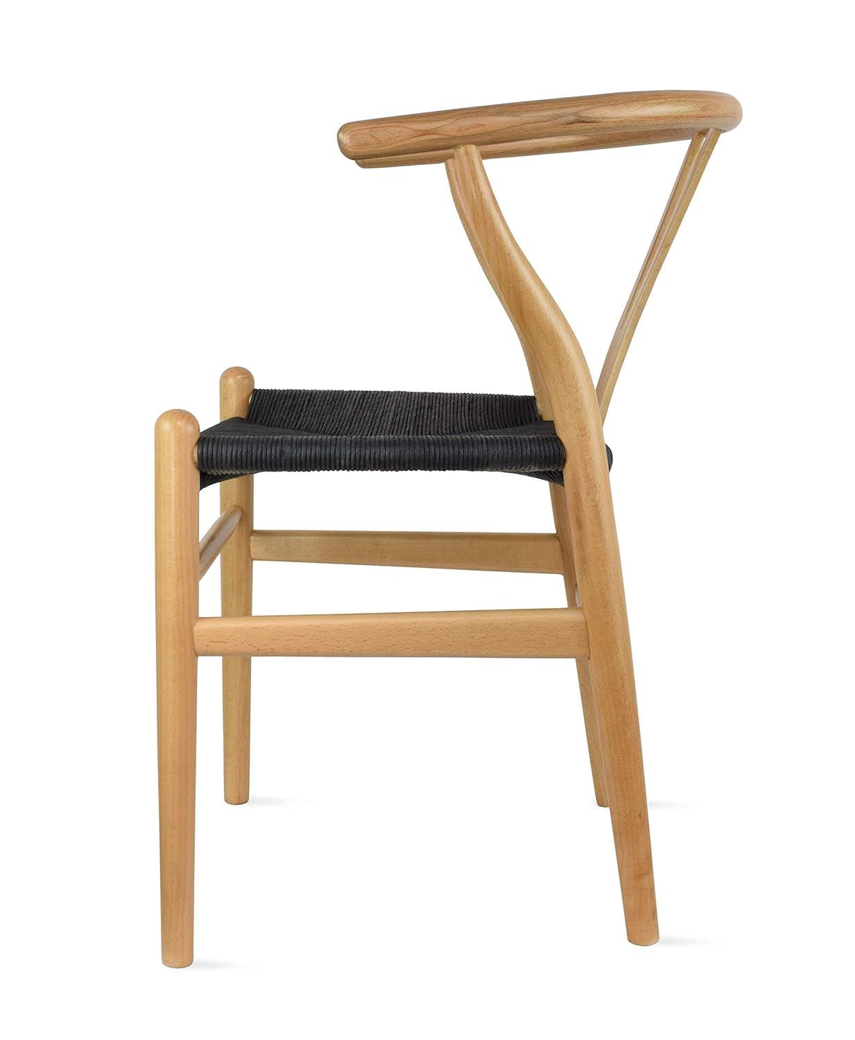 2xhome Set of 2 Wishbone Solid Wood Armchairs with Arms Open Y Back Farmhouse Dining Office Chairs with Woven Black Seat, Natural