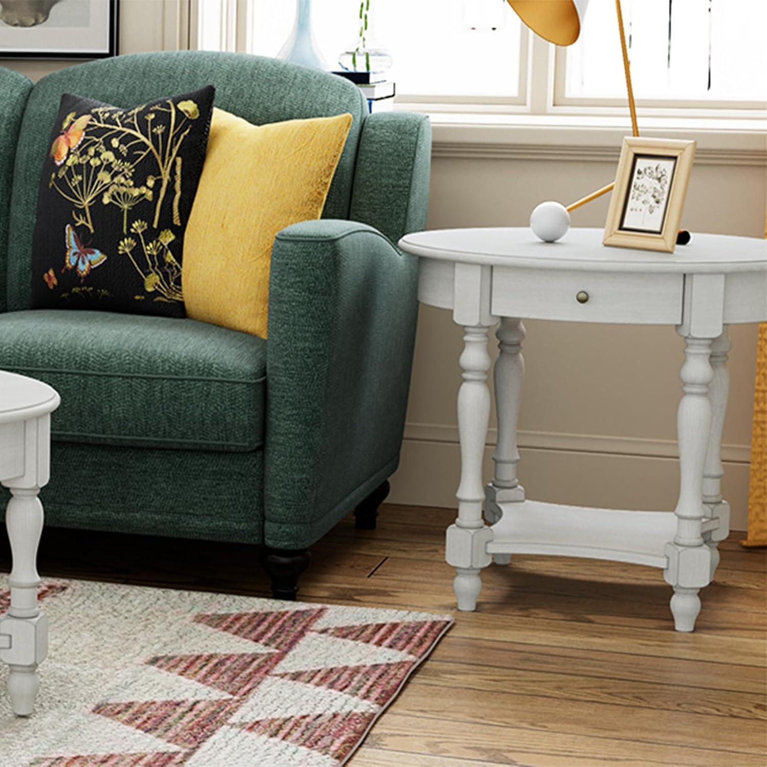 Solid Wood Oval End Table Sofa Table with Drawer and Storage Shelf Antique White - End Table