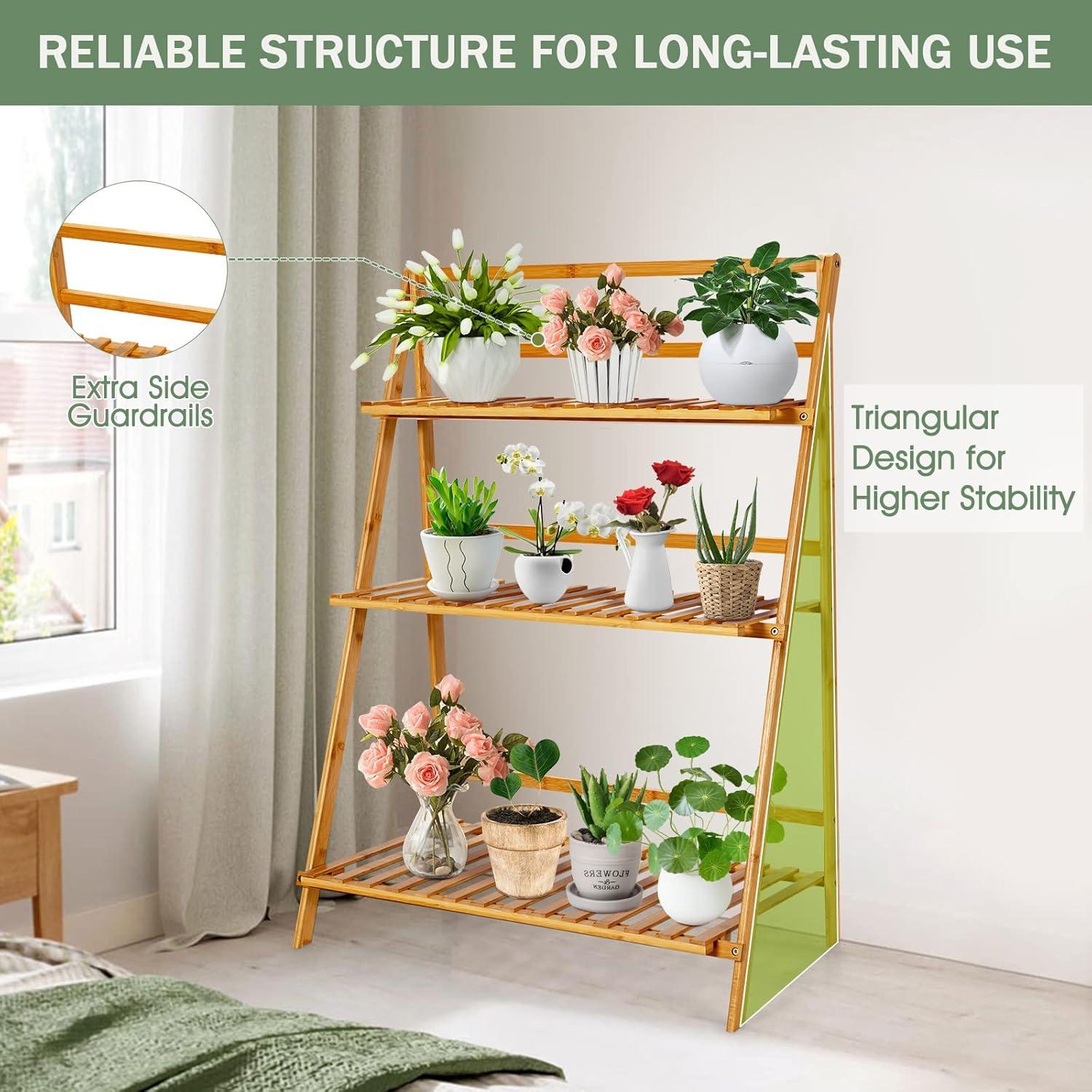 Costway Bamboo Ladder Plant Stand 3-Tier Foldable Flower Pot Display Shelf Rack Natural