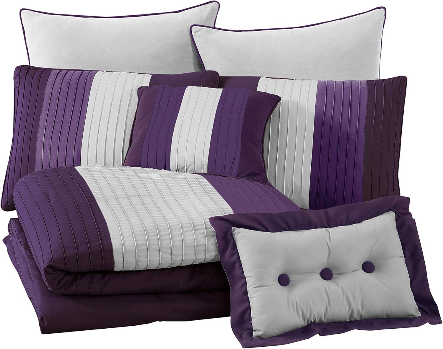 Queen Purple and Gray Striped Polyester Comforter Set