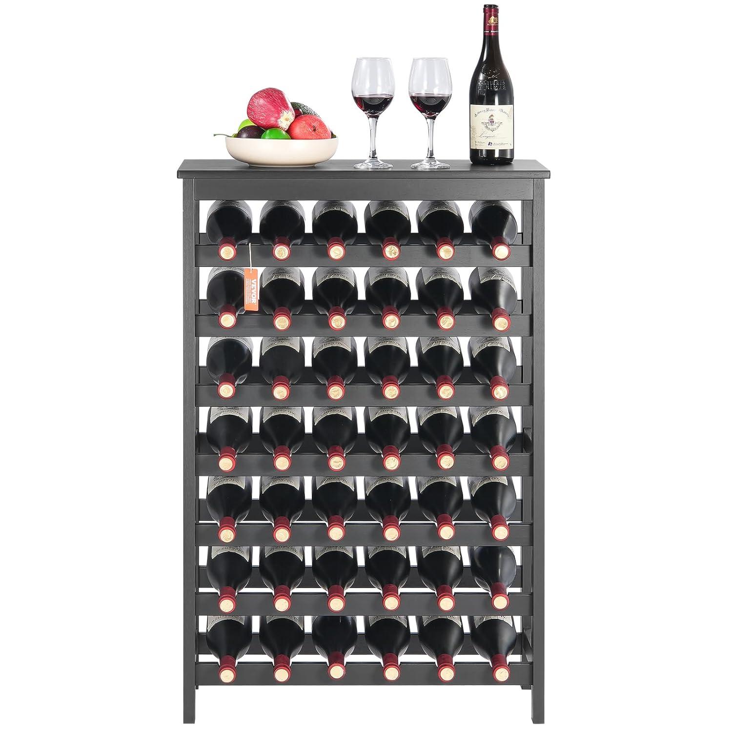VEVOR 42 Bottle Modular Wine Rack, 7-Tier Solid Bamboo Wood Storage Racks with Table Top, Floor Freestanding Wines Holder Display Shelf, Wobble-Free Shelves for Kitchen, Bar, and Cellar (Black)