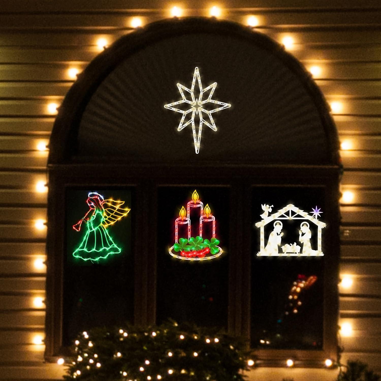 16 Inch Christmas Window Silhouette Lights Decorations, 4 Pack Waterproof Window Hanging Lights Elk, Christmas Tree, Santa Claus, Wreaths for Party, Home Indoor Outdoor Wall - 200 Mini Bulbs