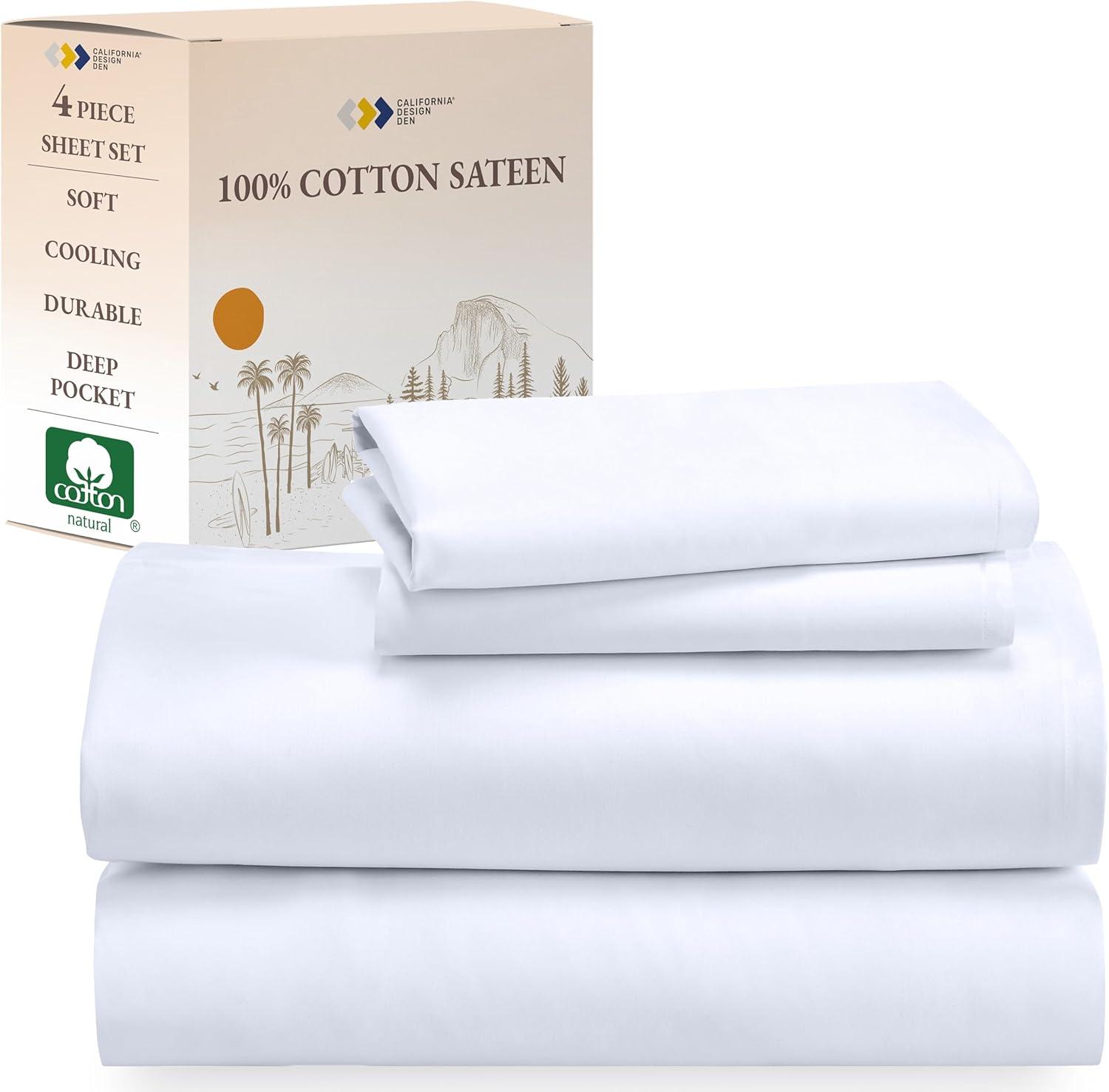 Soft 100% Cotton Sheets Set - Cooling Durable Sateen, Deep Pocket - by California Design Den