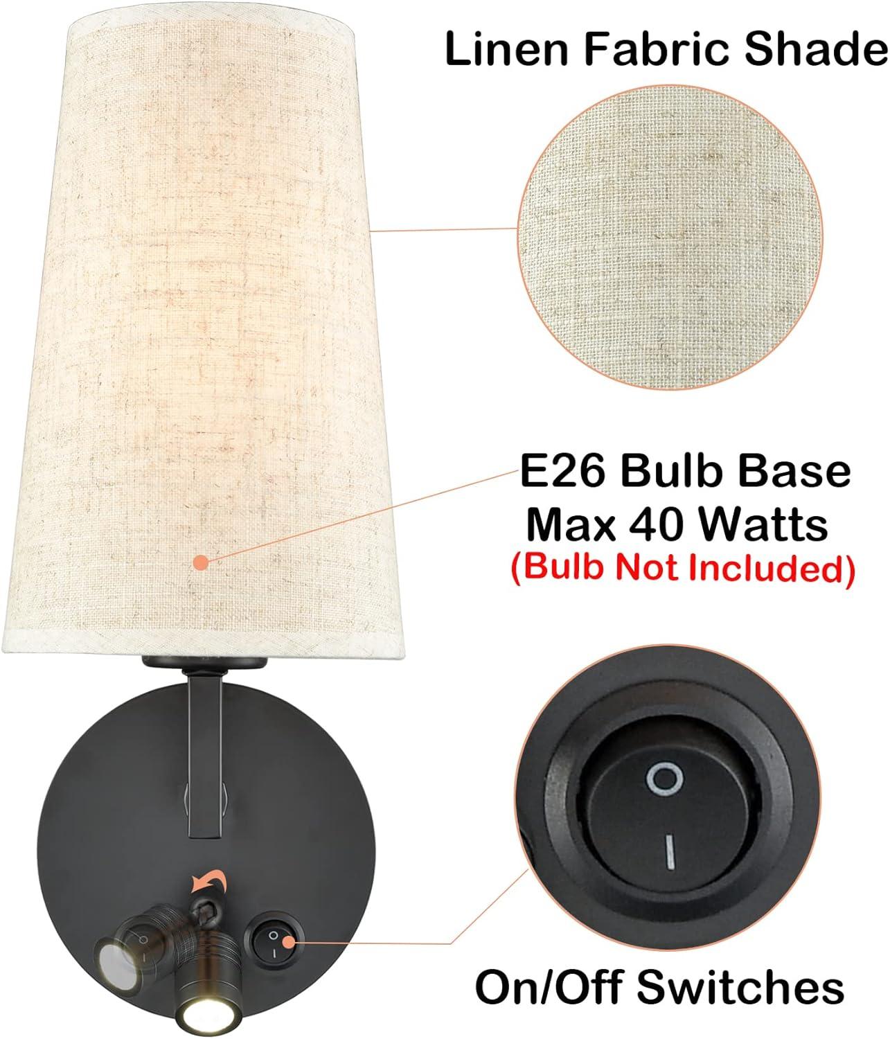 Black Set of 2 Fabric Shade Wall Lamp with USB Port and LED Reading Wall Sconces