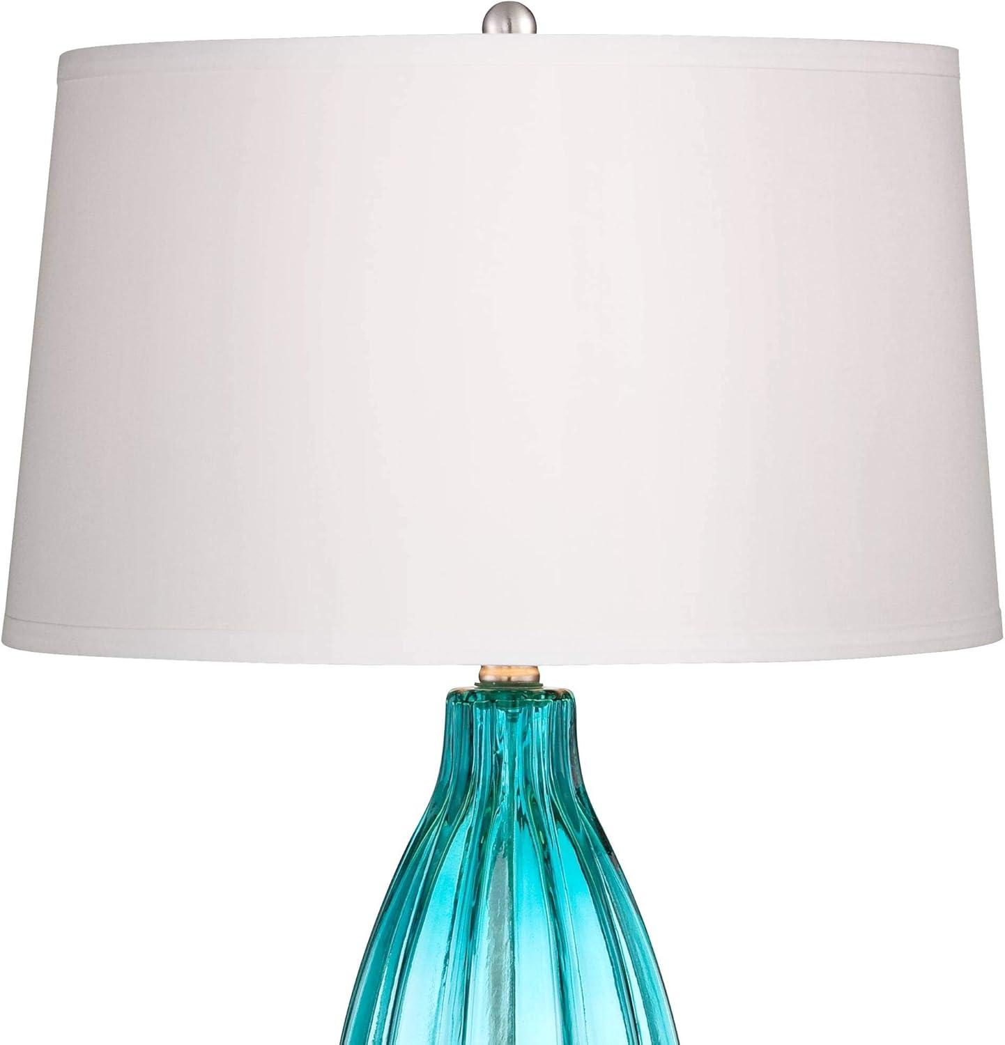 360 Lighting Coastal Table Lamps 30" Tall Set of 2 Fluted Blue Glass White Drum Shade for Living Room Family Bedroom Bedside Nightstand