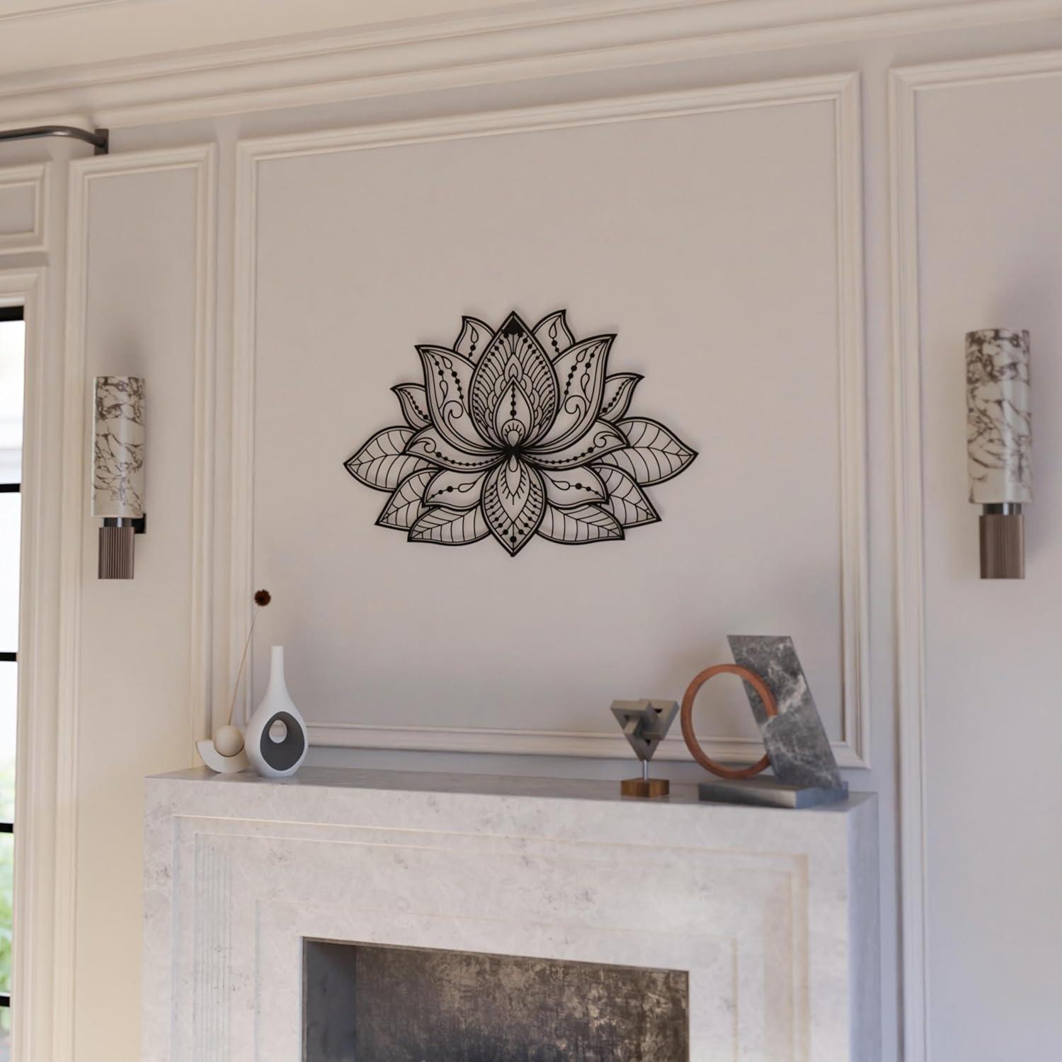 iwa concept Mandala Metal Wall Decor, Lotus Flower Meditation Room Decor, Minimalist Zen Garden Bohemian Gift for New Year (26.3" x 17" | 67 x 43 cm, Black)