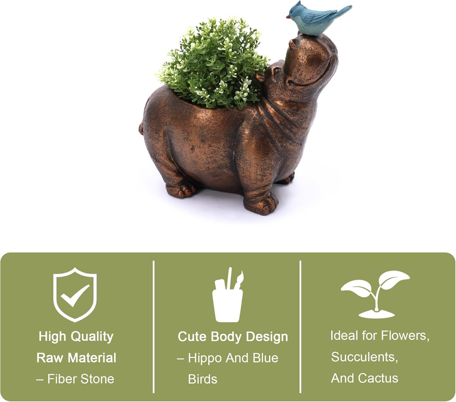 LuxenHome Brown Hippo and Blue Bird MgO Flower Pot Planter