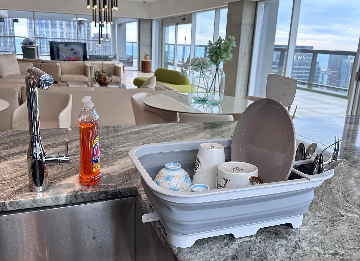 SAMMART 12L (3.17 Gallon) Collapsible Dish Drainer with Swivel spout, Grey