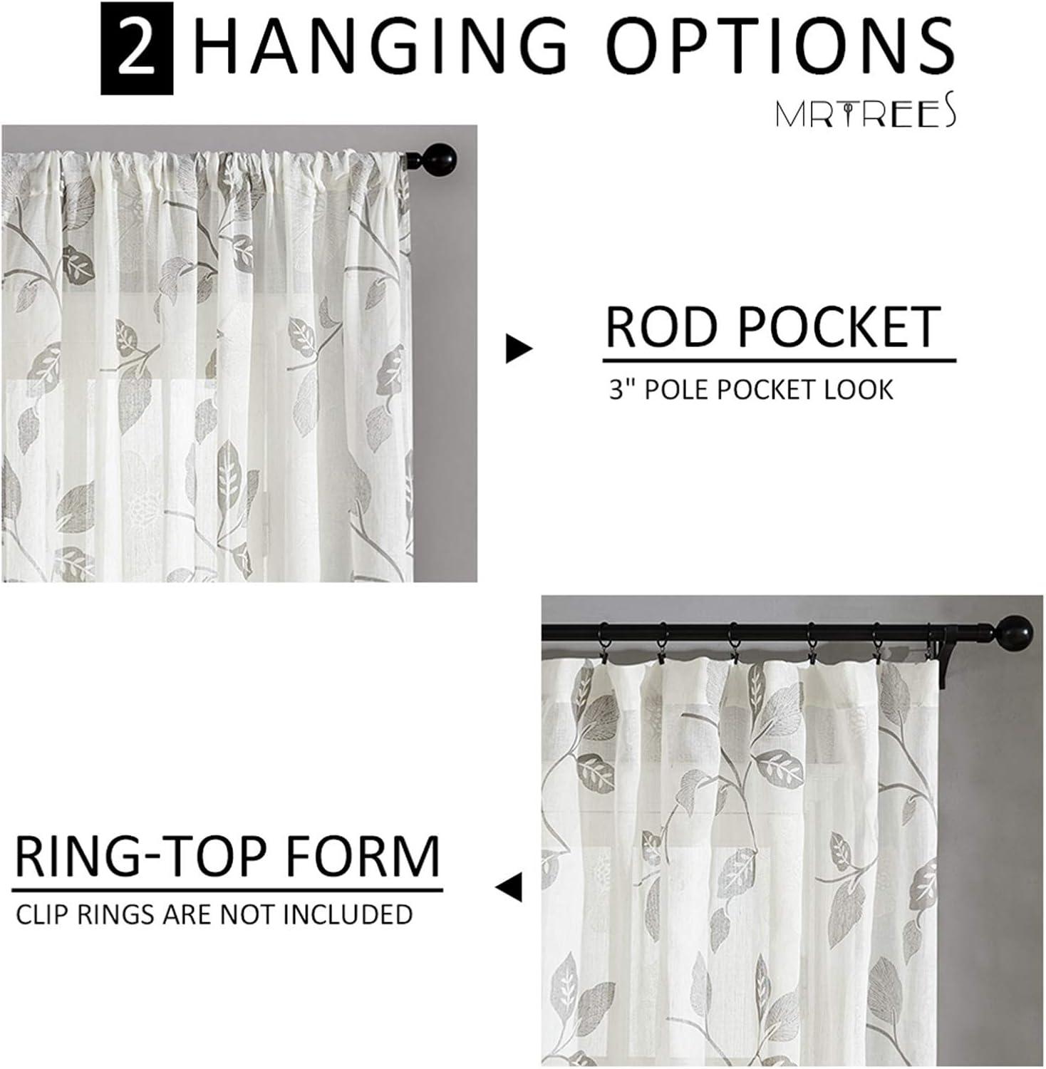 MRTREES Sheer Curtain Panels, Voile Sheer Curtains Drapes Rod Pocket, Flower Printed Embroidery Window Curtain Treatments for Bedroom Living Room Bathroom Window(2 Panels, 54x45 Inches, Olive)