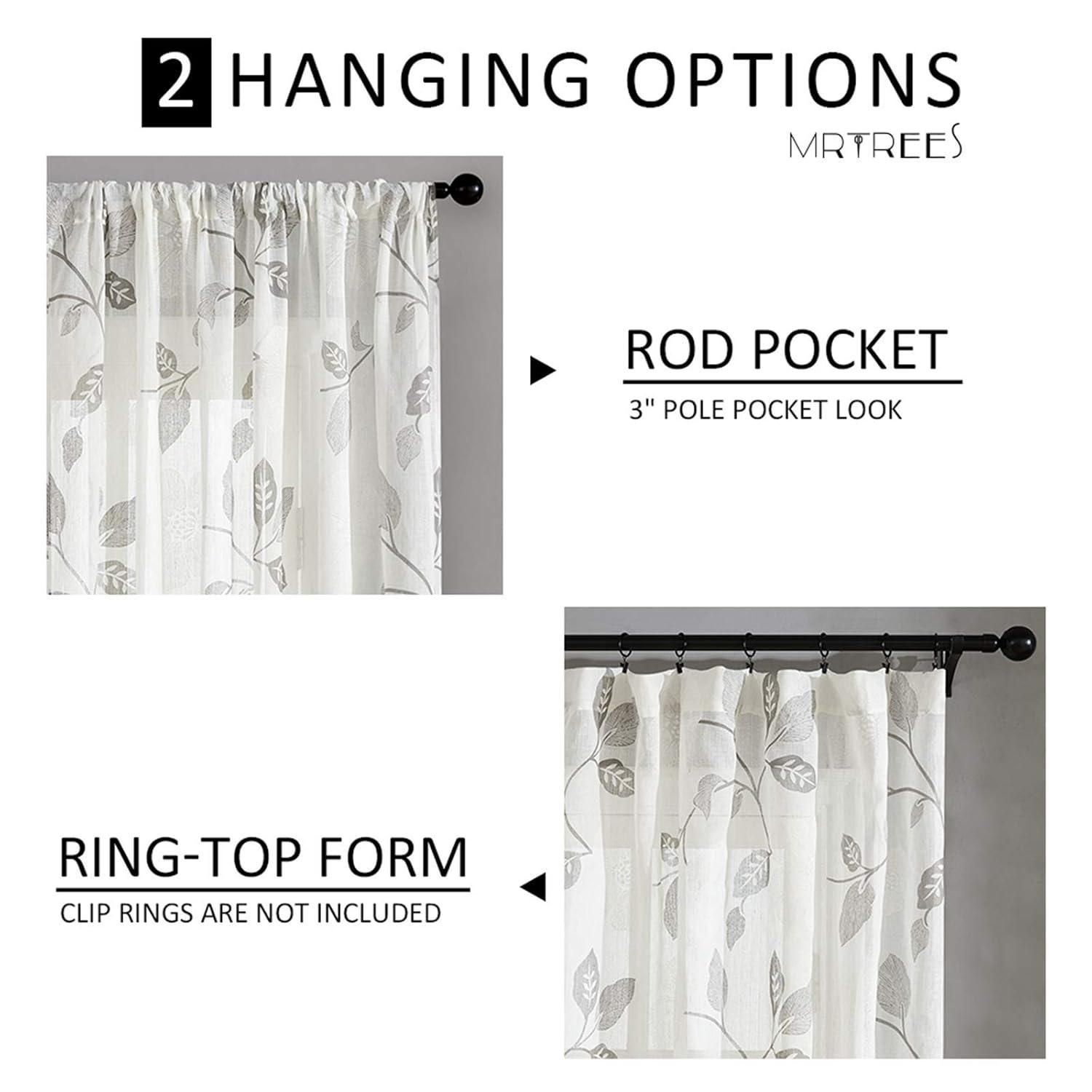 MRTREES Sheer Curtain Panels, Voile Sheer Curtains Drapes Rod Pocket, Flower Printed Embroidery Window Curtain Treatments for Bedroom Living Room Bathroom Window(2 Panels, 54x45 Inches, Olive)