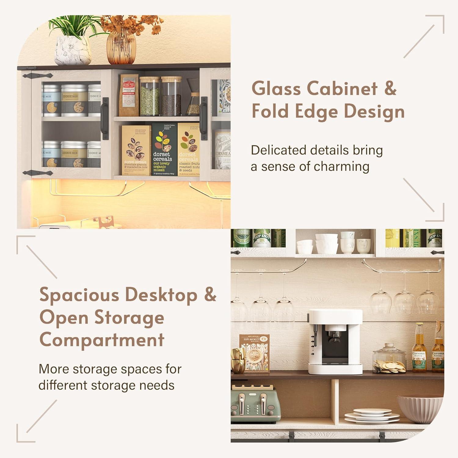 Gracie Oaks Coffee Bar Cabinet with Sliding Barn Door, Buffet Cabinet with Hutch, Kitchen Pantry Cabinet with Power Outlet & Lighting, Tall Liquor Chest for Home Dining Room, White